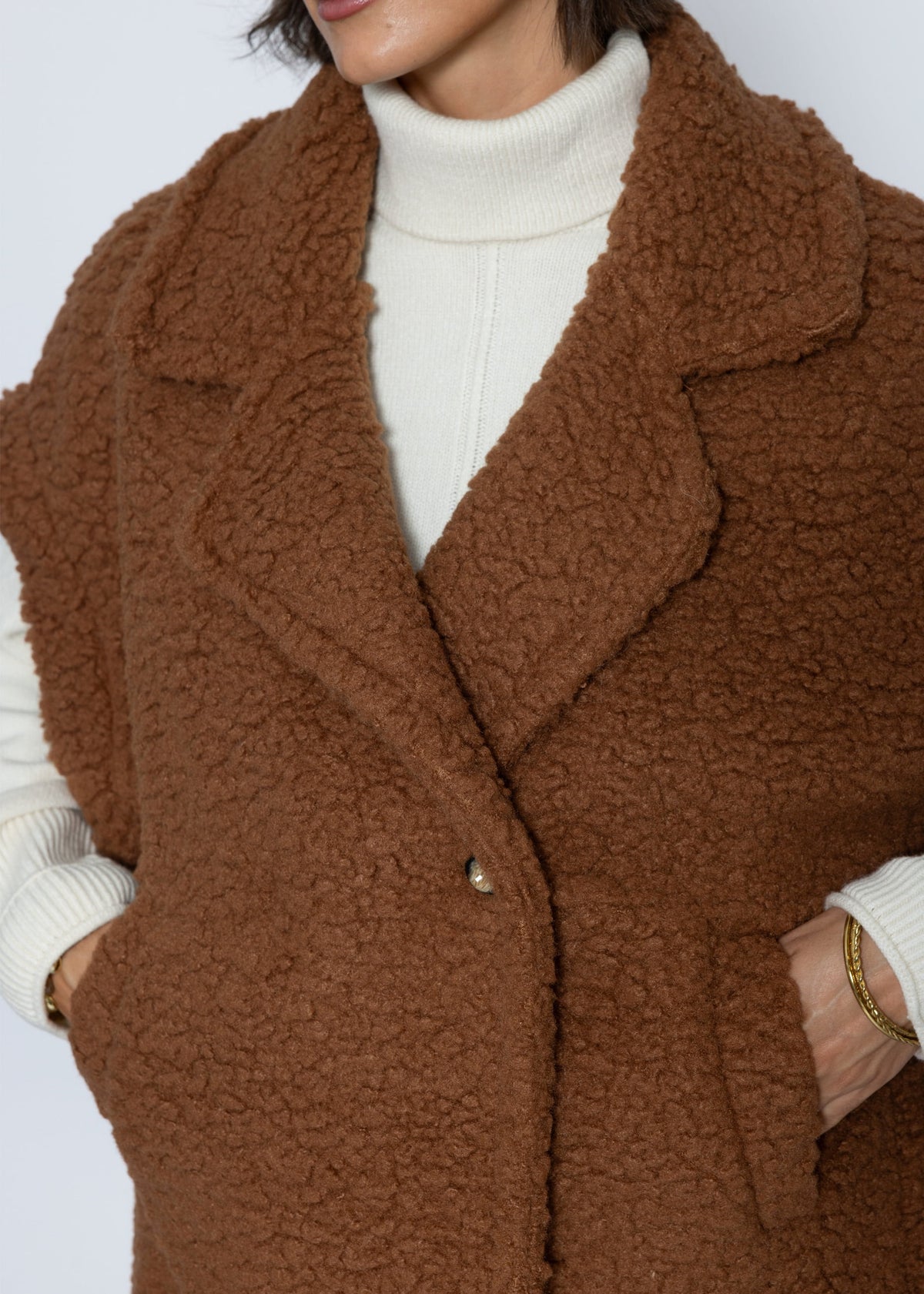 Oversize Teddy-Weste mit Reverskragen - camel