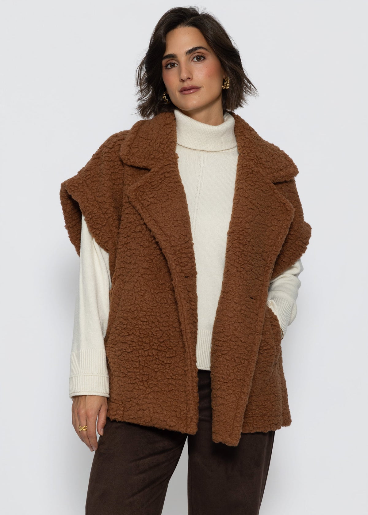 Oversize Teddy-Weste mit Reverskragen - camel