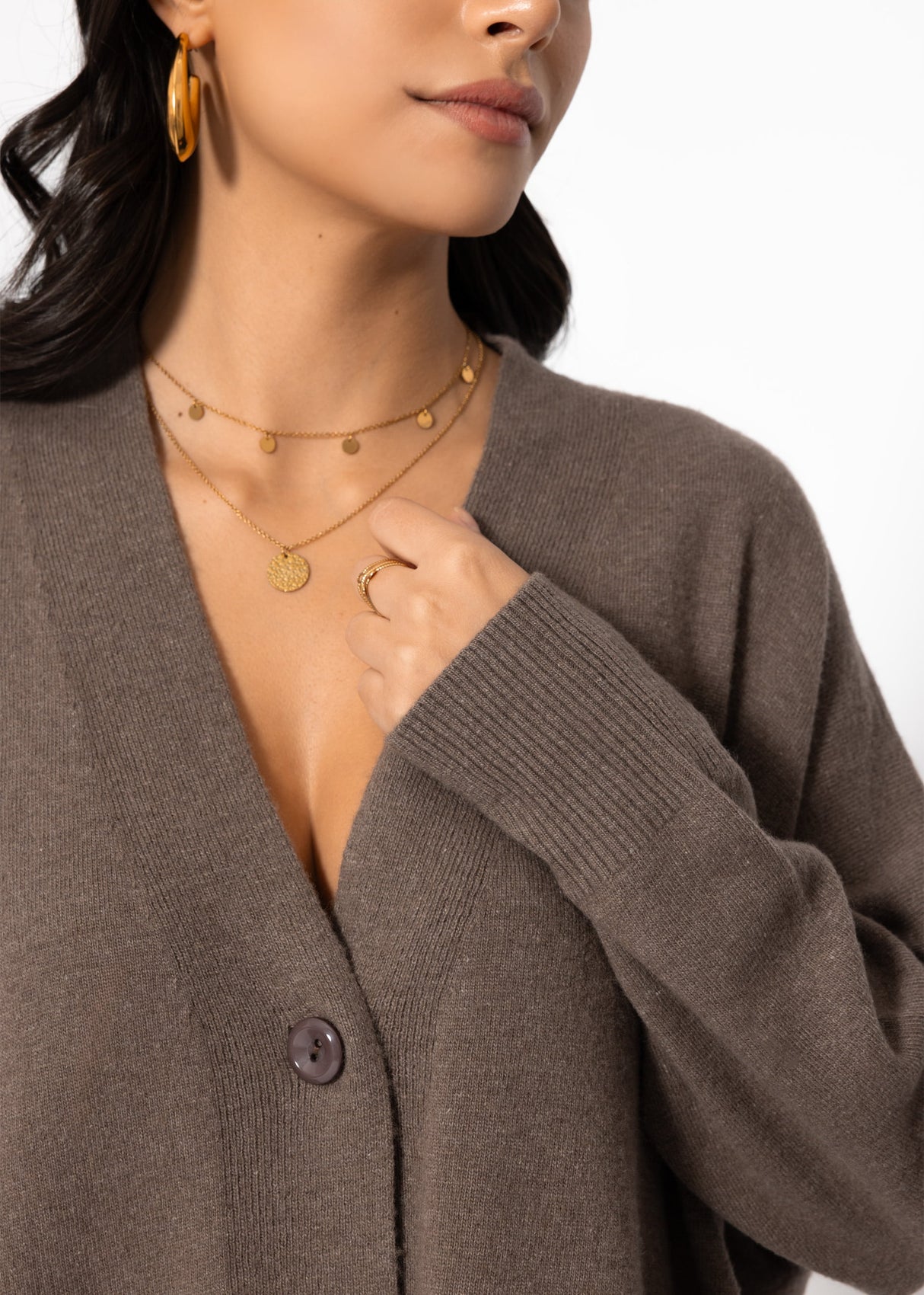 Oversized cardigan with V-neck and cashmere content - taupe