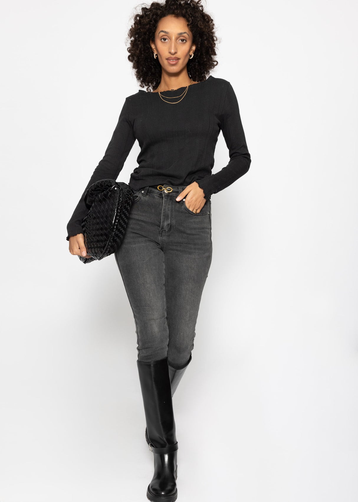 Pointelle long-sleeved shirt - black