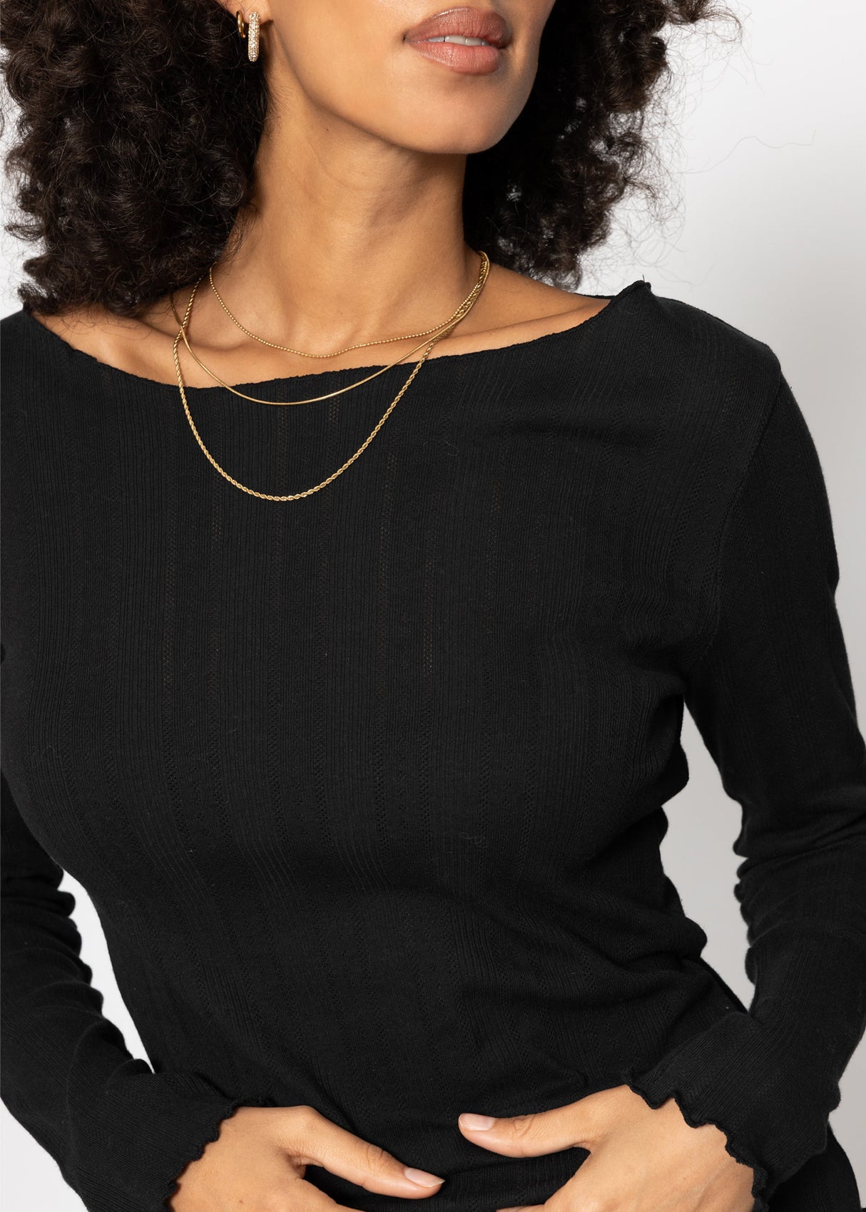 Pointelle long-sleeved shirt - black