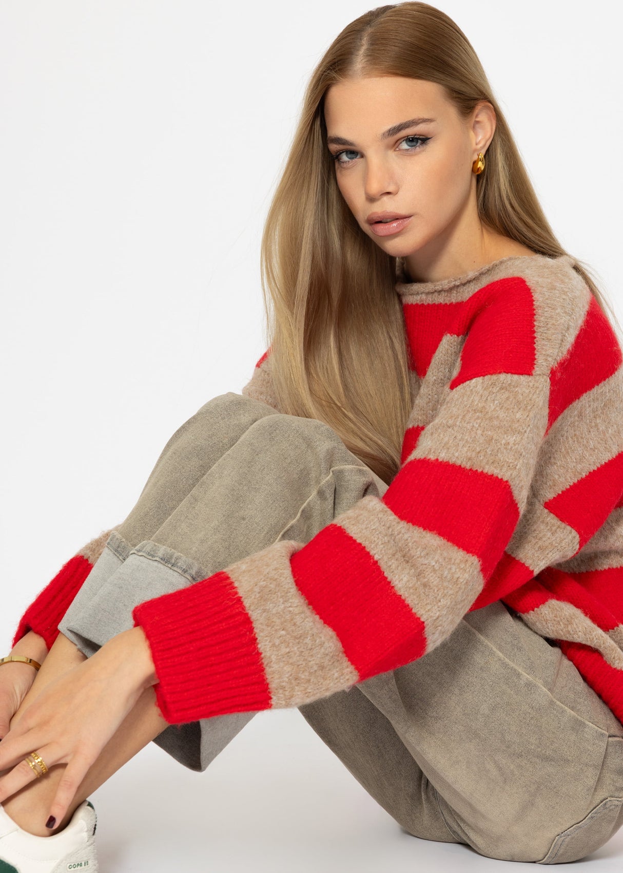 Sweater with block stripes - red-taupe