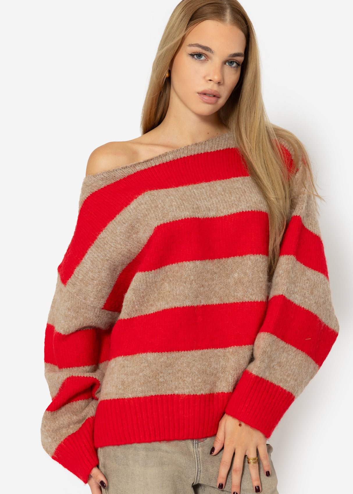Sweater with block stripes - red-taupe