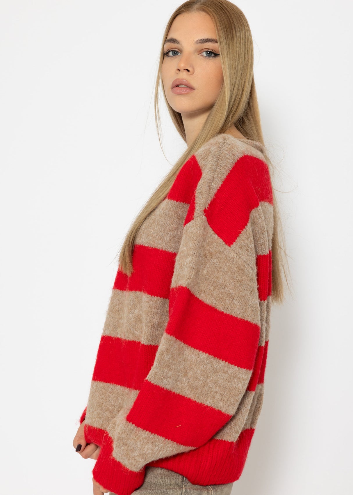 Sweater with block stripes - red-taupe