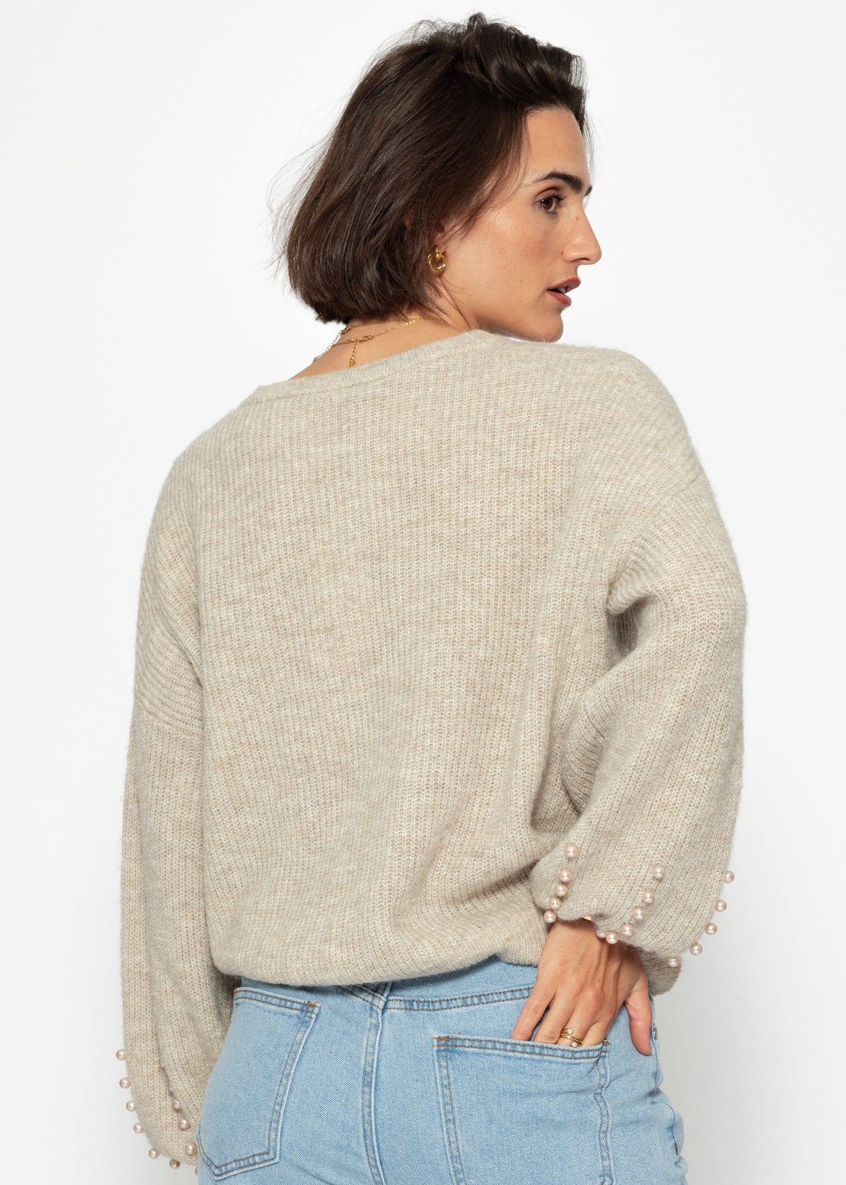 Pullover mit Perlendetails - beige
