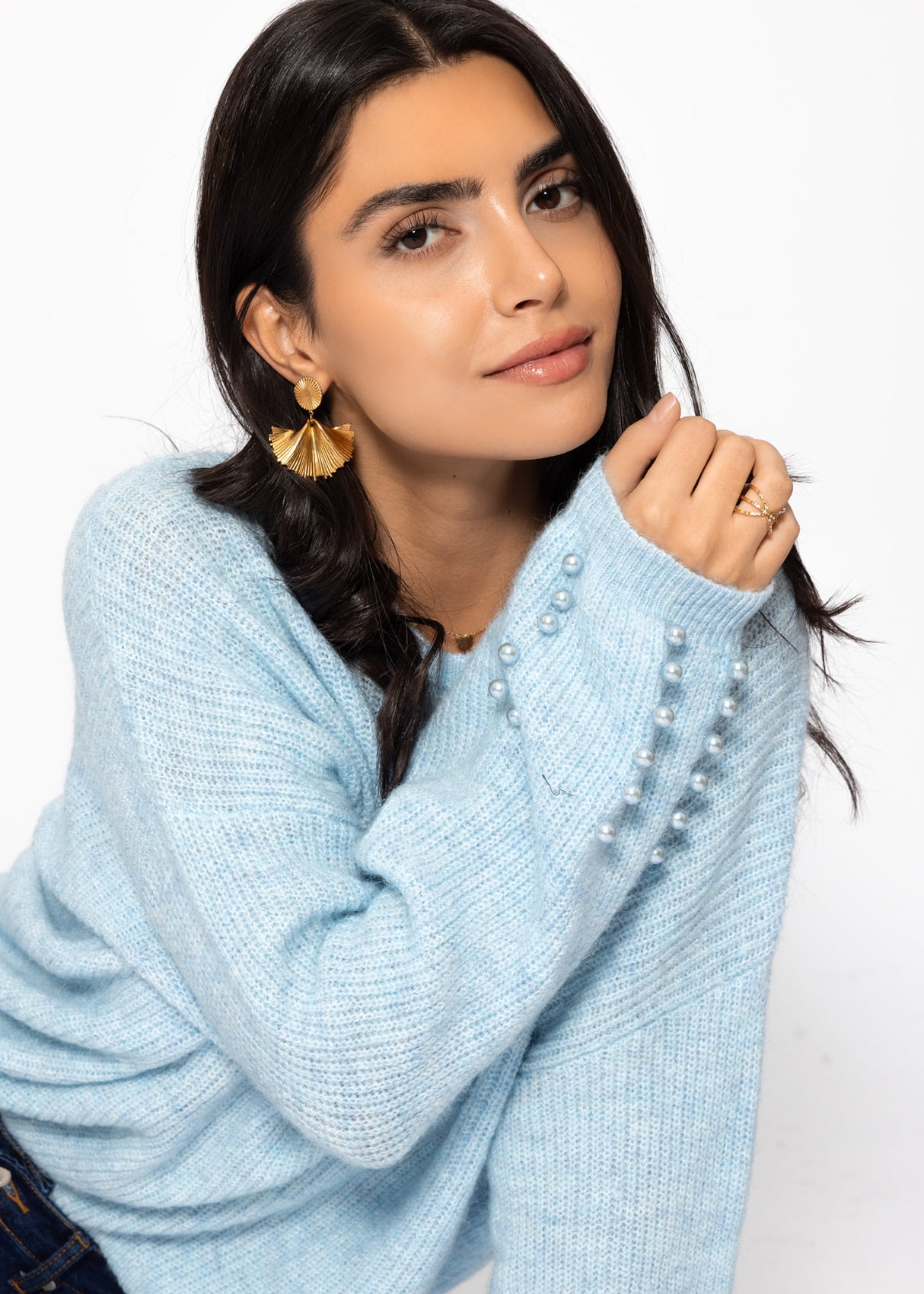 Pullover mit Perlendetails - hellblau