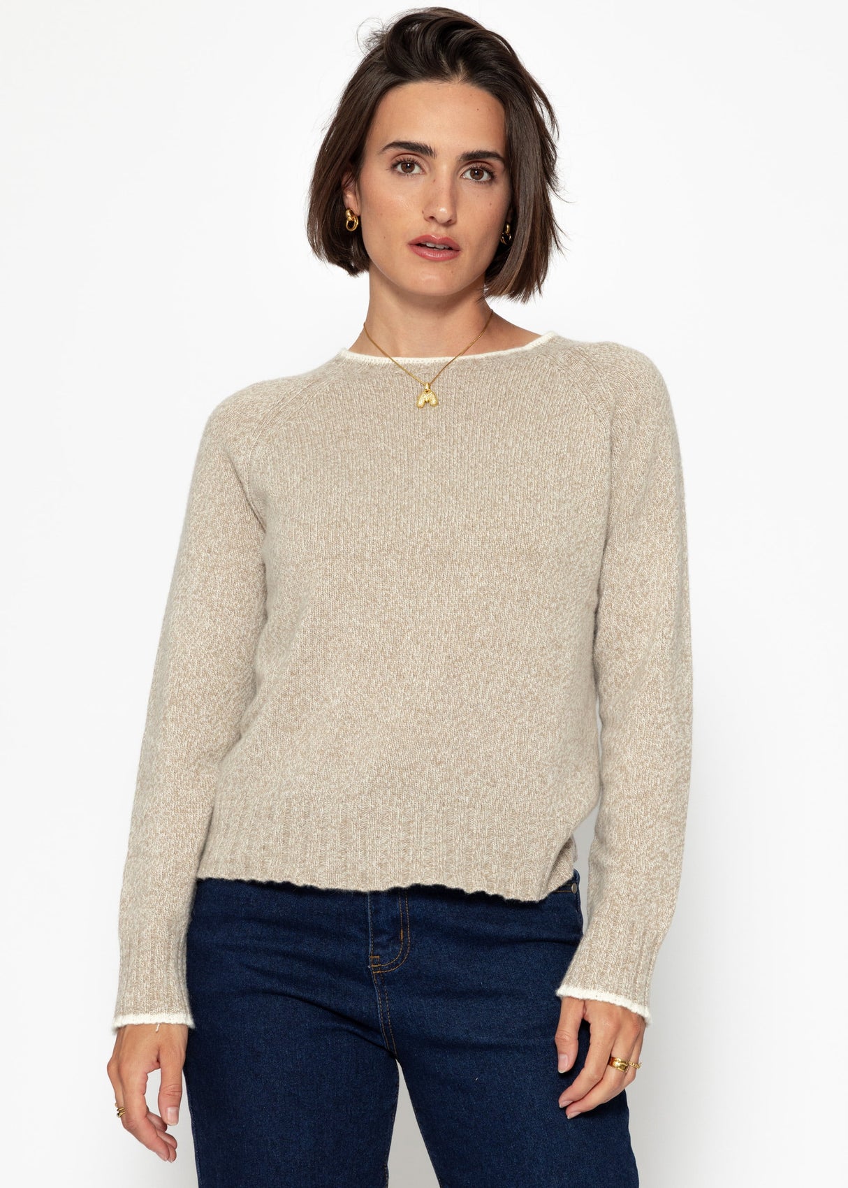 Pullover mit Kontrastblenden und Kaschmiranteil - beige