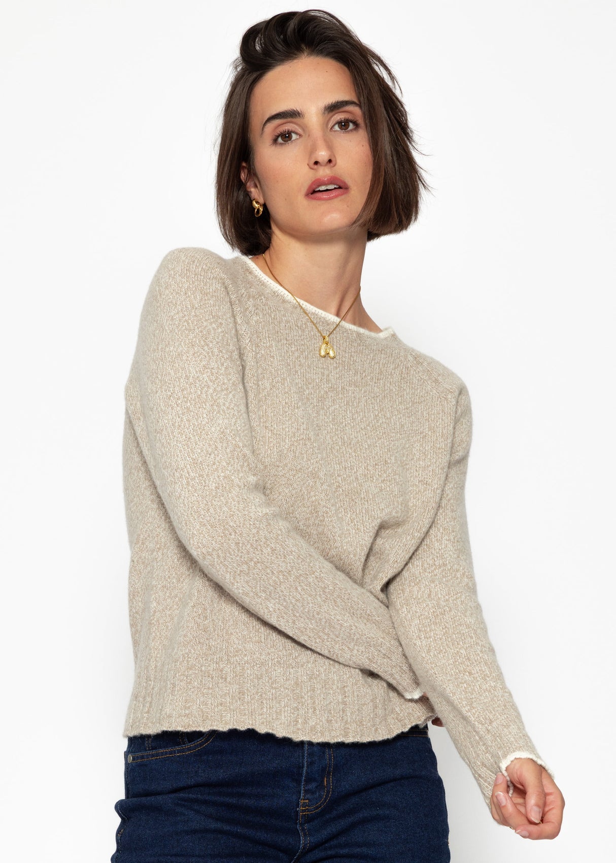 Pullover mit Kontrastblenden und Kaschmiranteil - beige