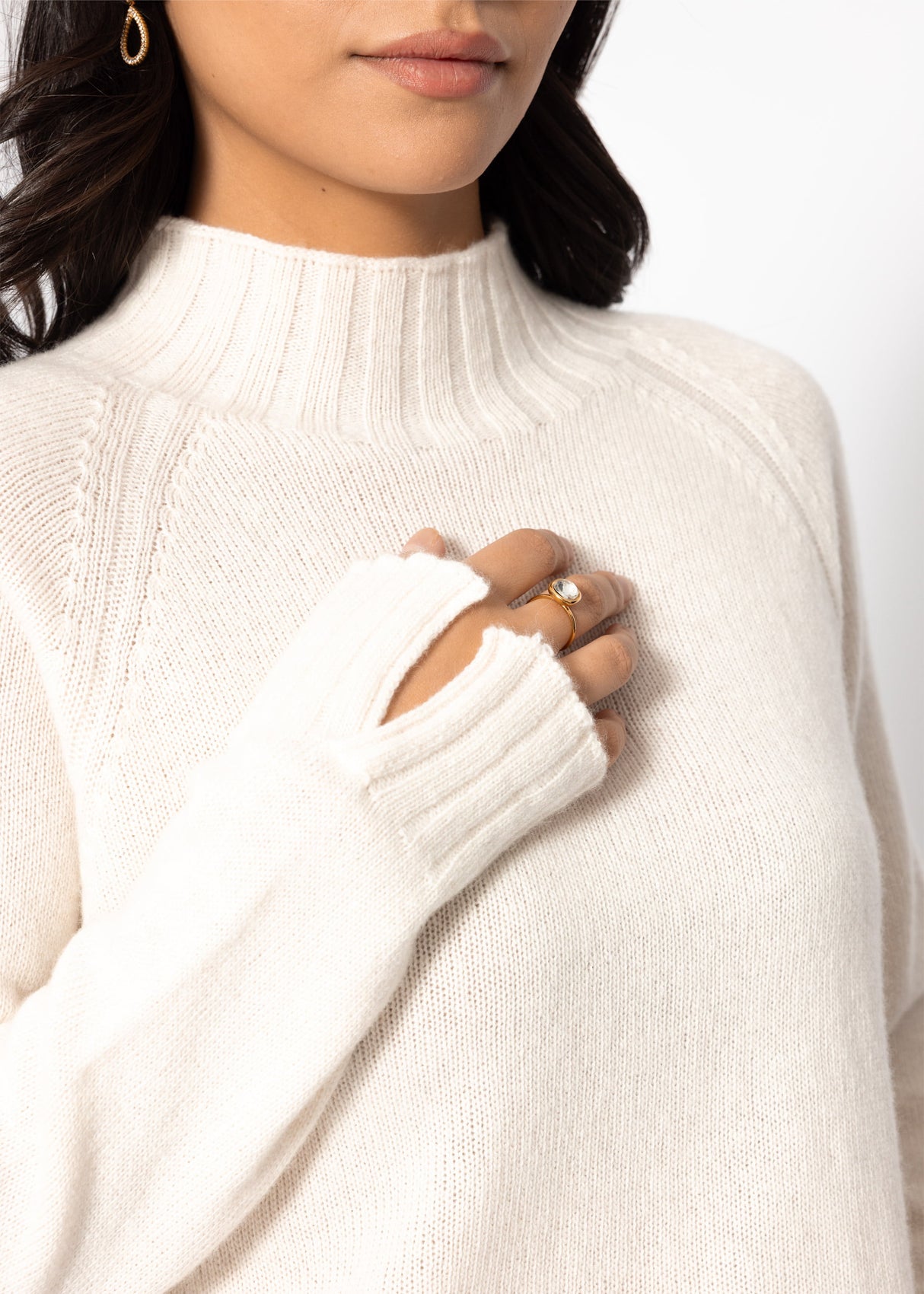 Sweater with stand-up collar and sleeve slits - off-white