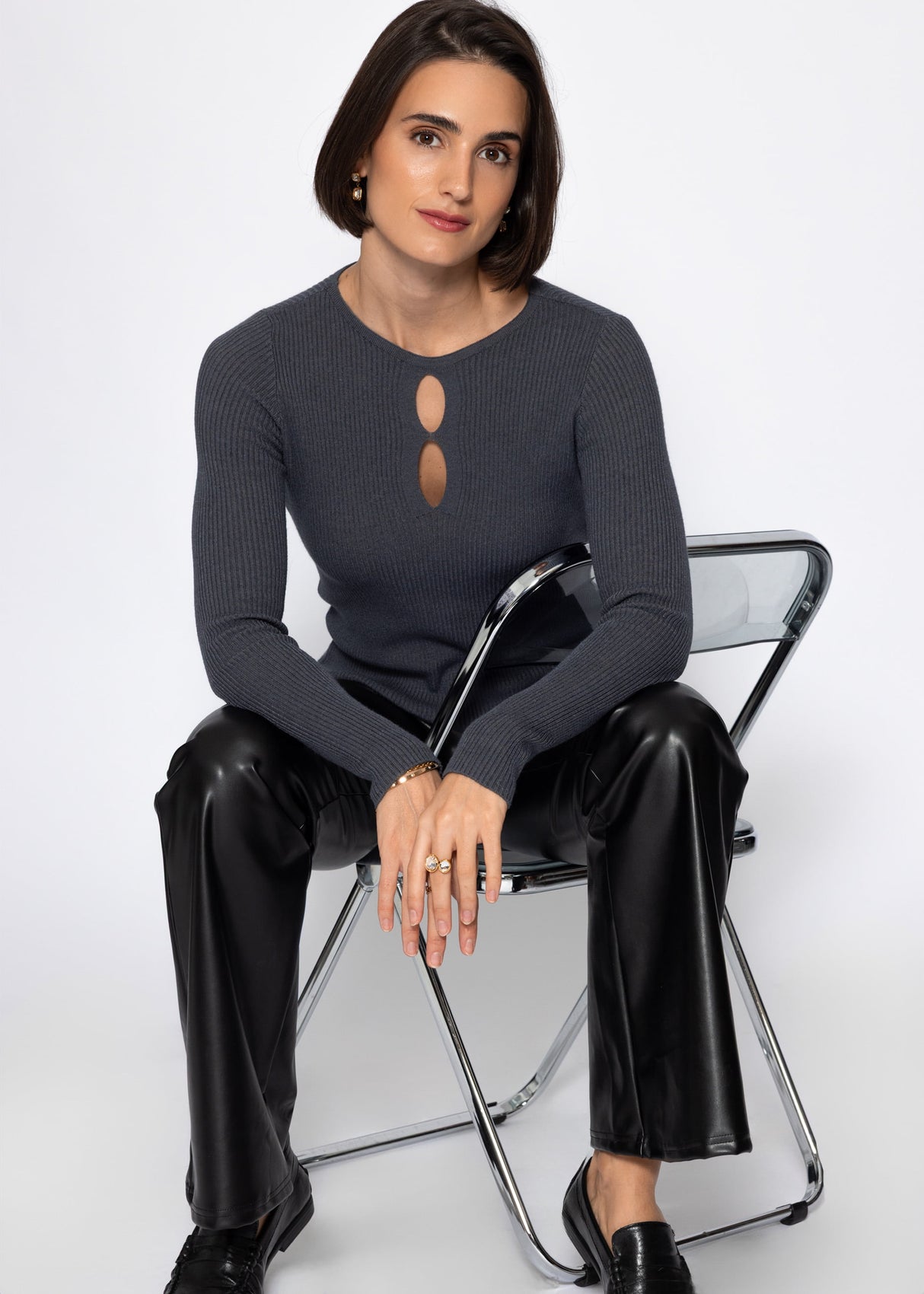 Ribbed knit top with cutouts - gray