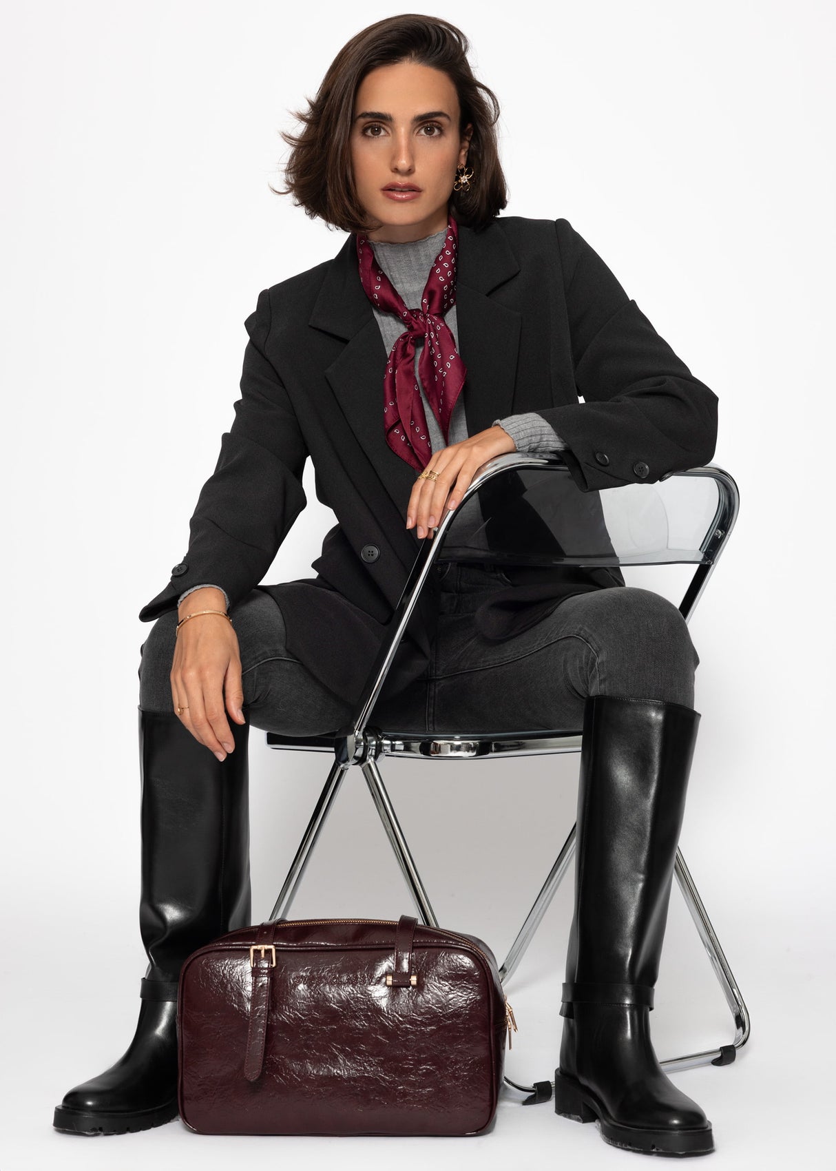 Rib knitting sweater with stand -up collar - gray