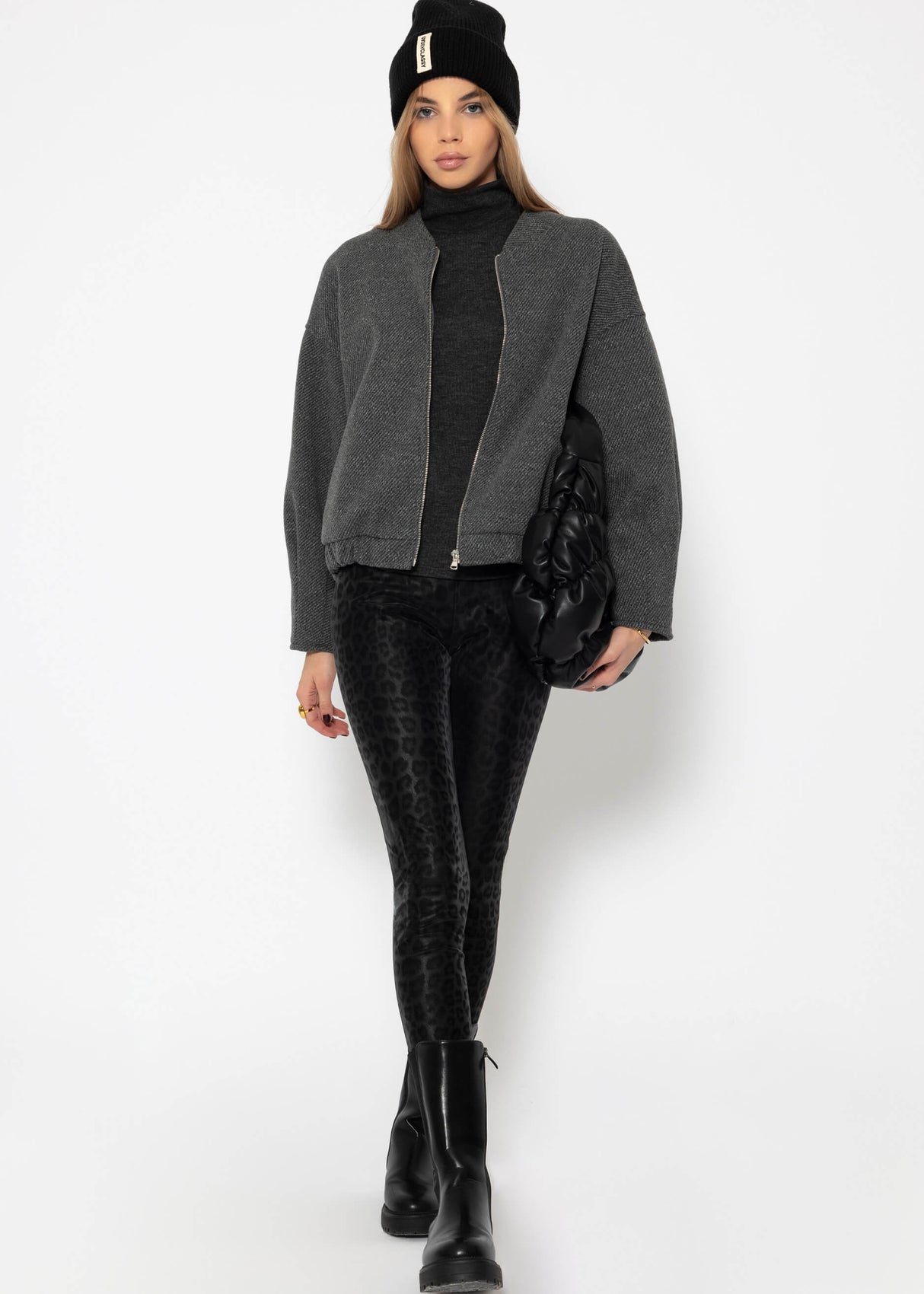 Turtleneck shirt with decorative seams - dark gray mottled