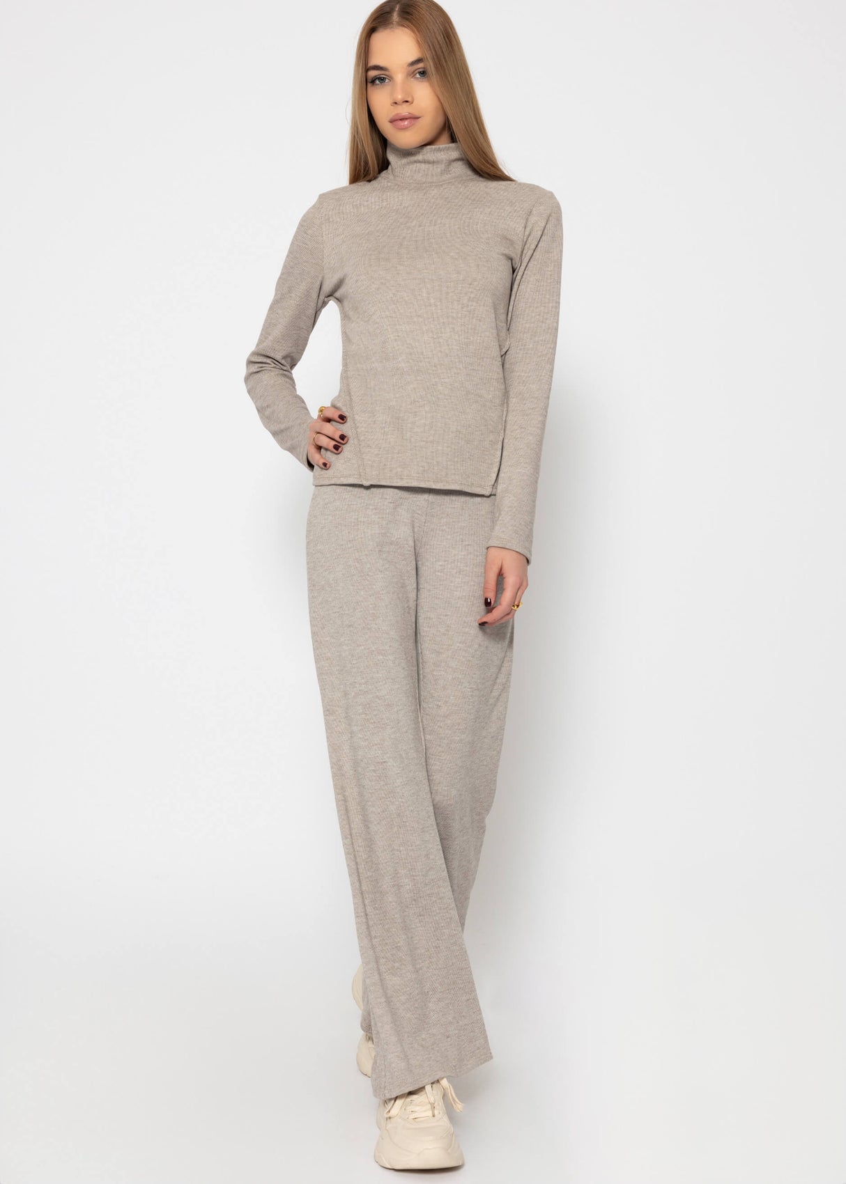 Turtleneck shirt with decorative seams - mottled taupe