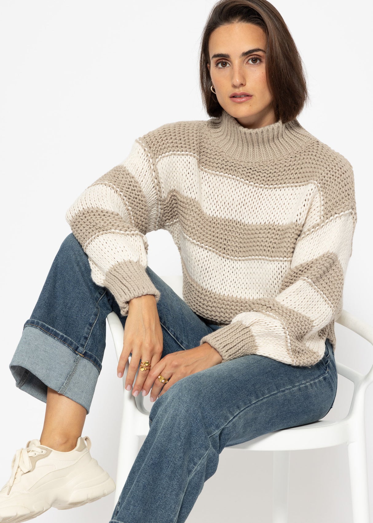 Striped turtleneck sweater - taupe-beige
