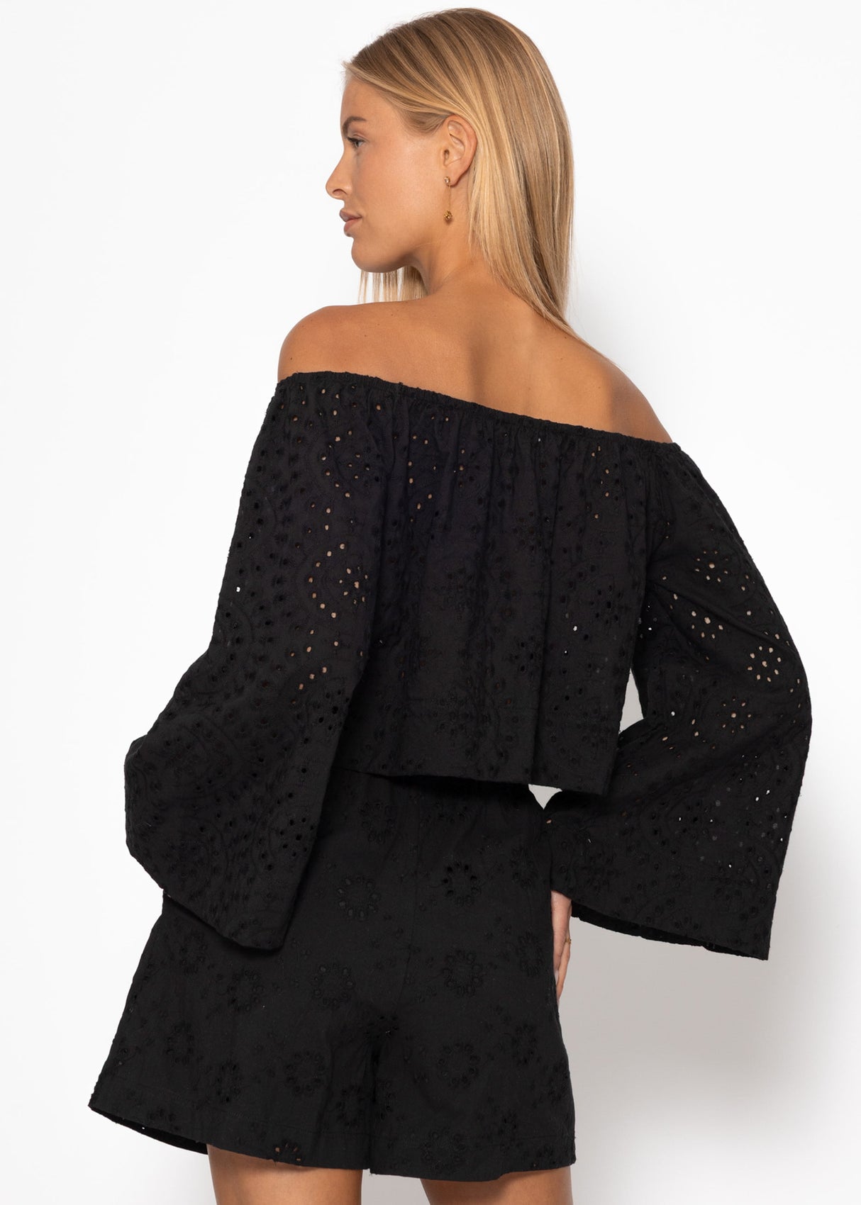 Off-the-shoulder long sleeve top with eyelet embroidery - black