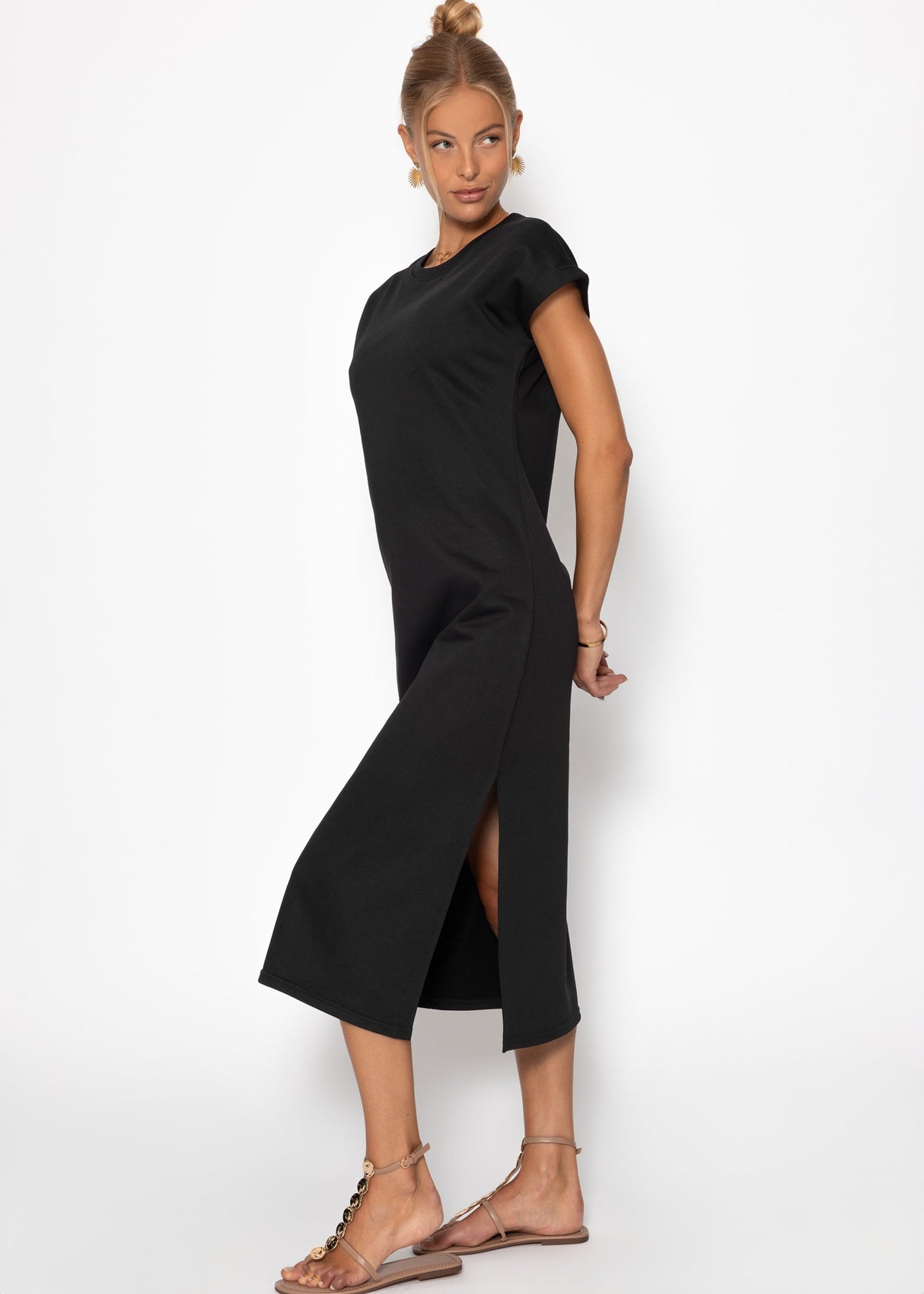 Heavy sweat dress with slot - black
