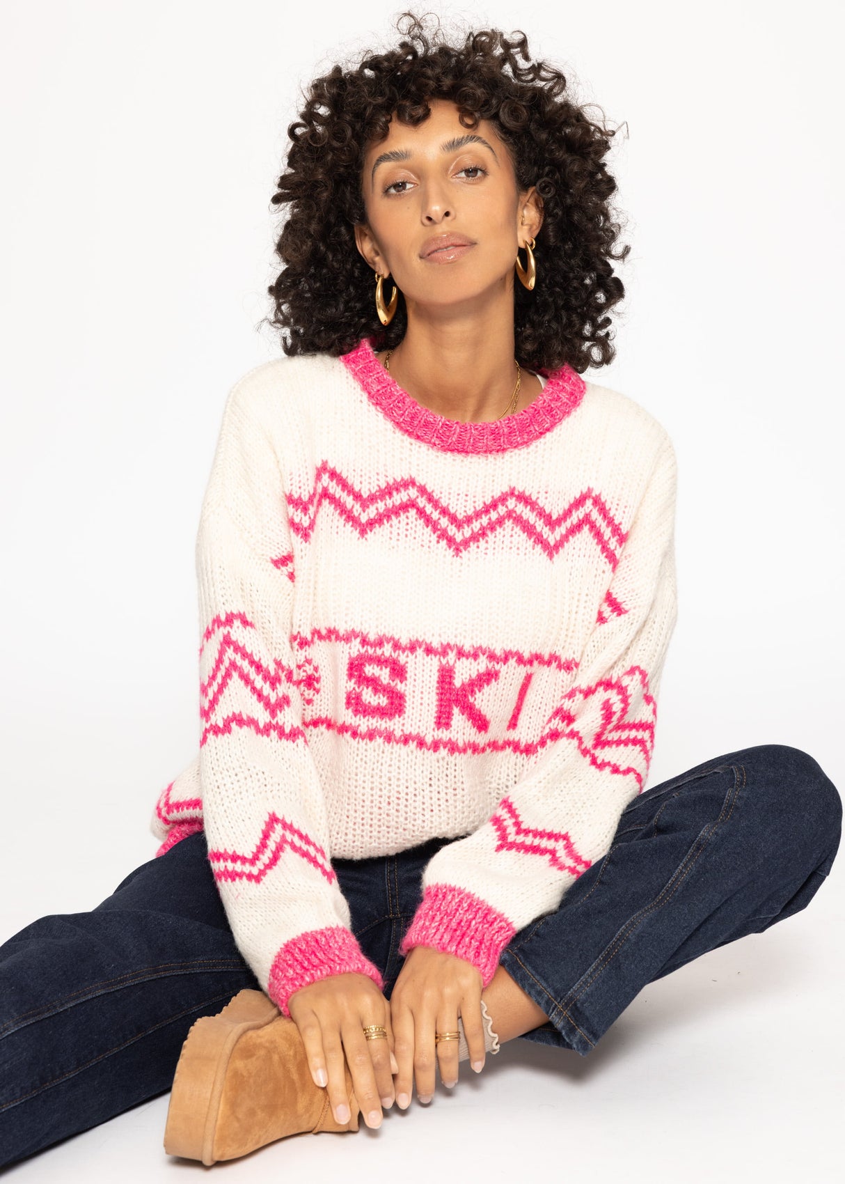Knitting sweater in ski design - off-white Pink