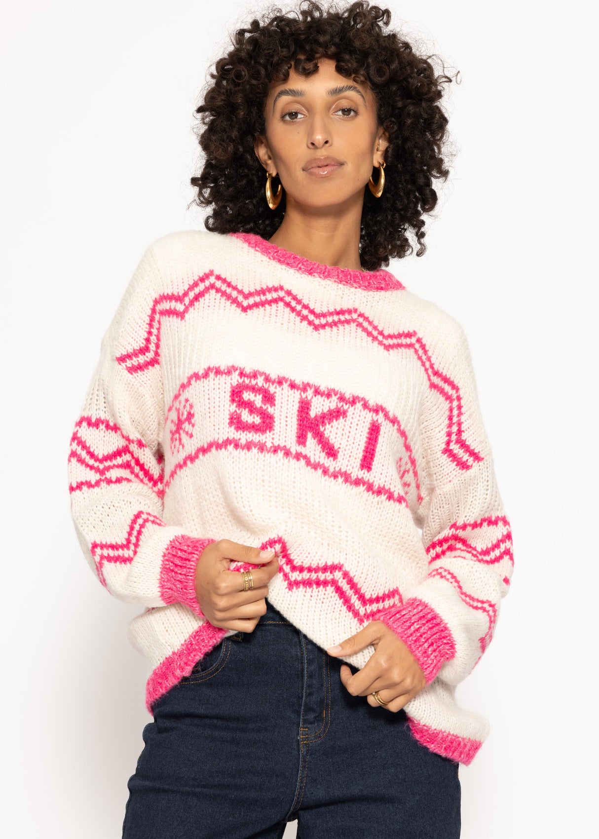 Knitting sweater in ski design - off-white Pink