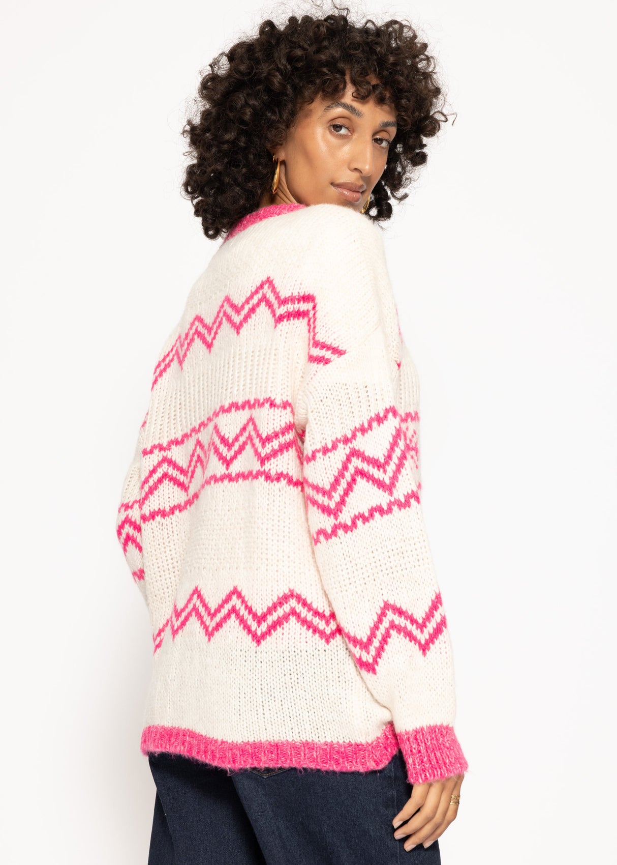 Knitting sweater in ski design - off-white Pink