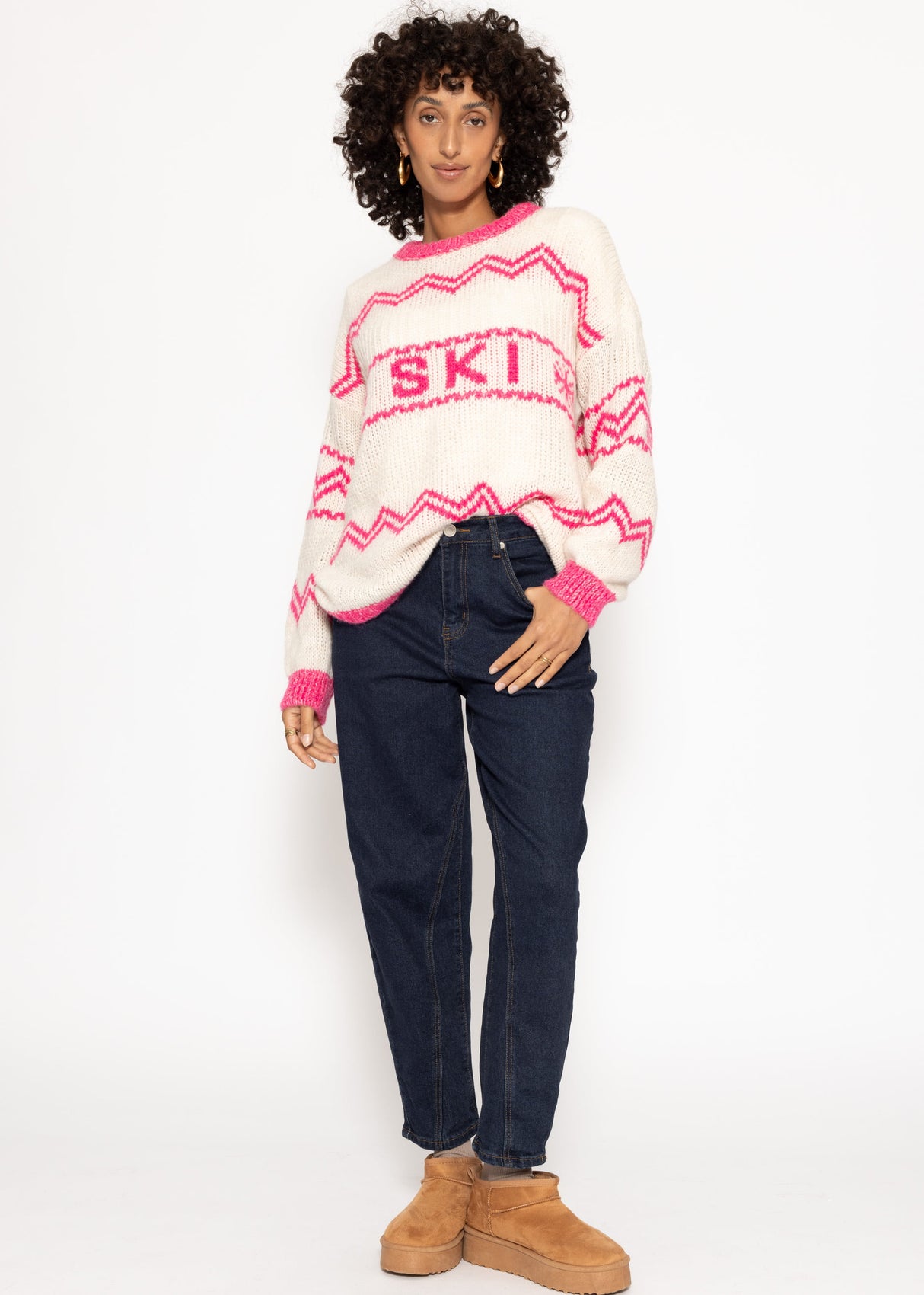 Knitting sweater in ski design - off-white Pink