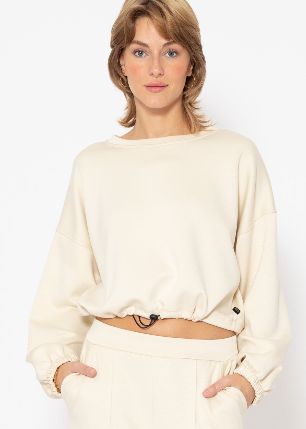 Soft crop sweatshirt with balloon sleeves - off-white