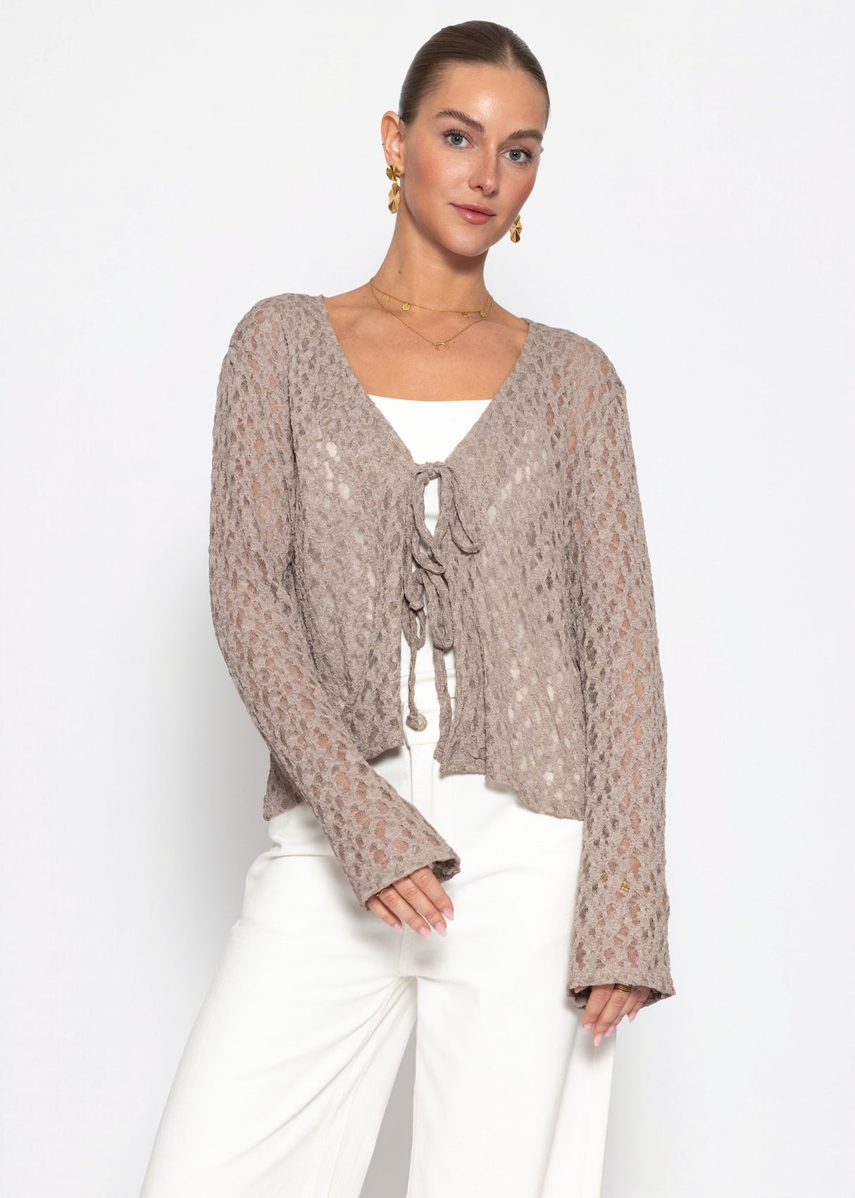 Spitzen Blusenjacke mit Bindebänder - taupe