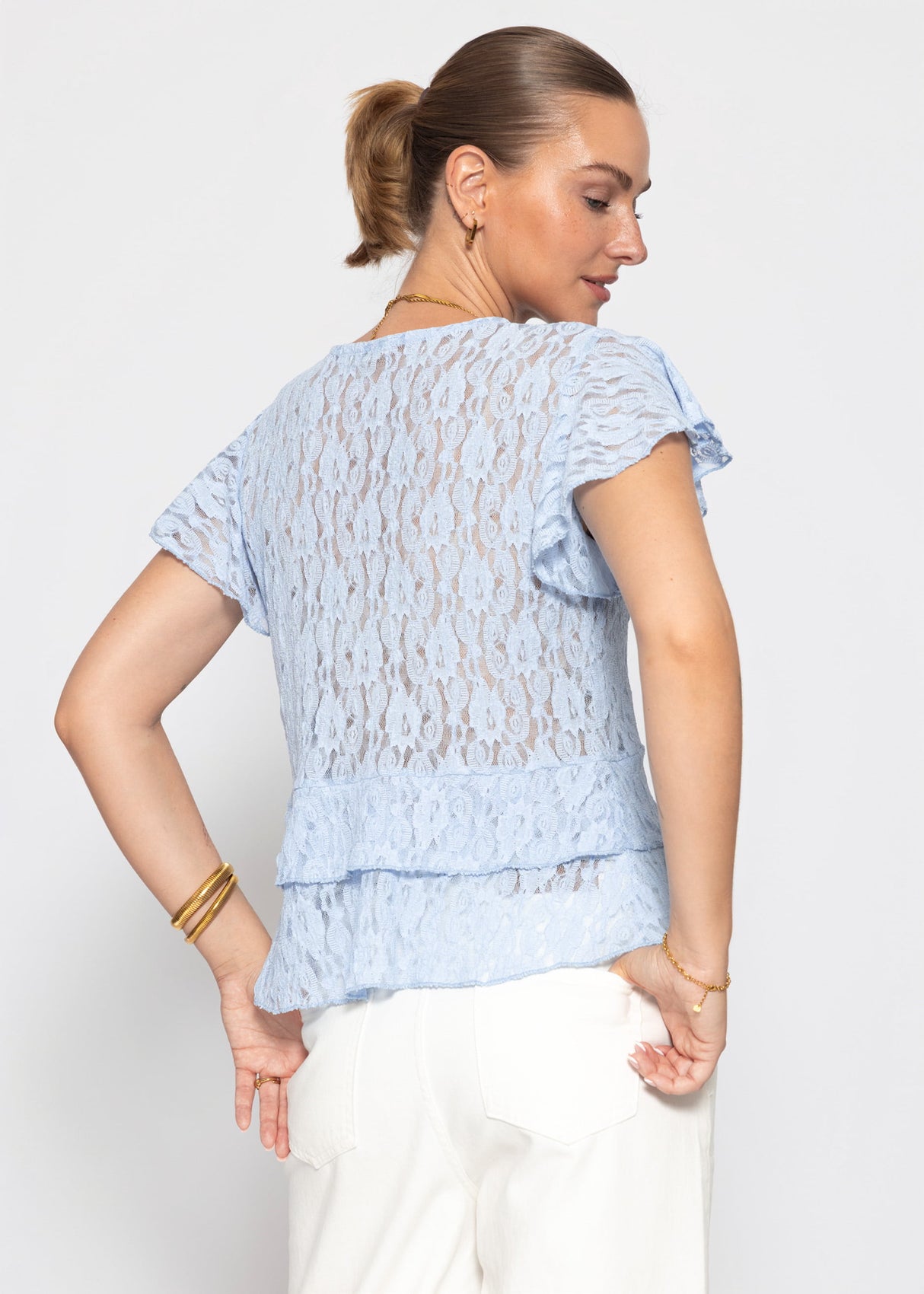 Spitzenbluse mit Flügelärmel - hellblau