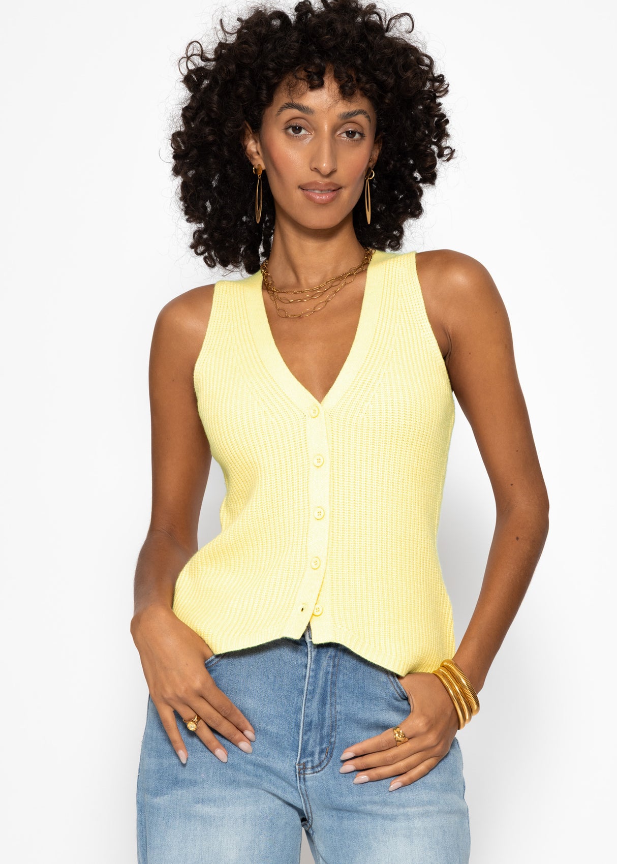 Knit top with button placket and deep V-neck - butter yellow