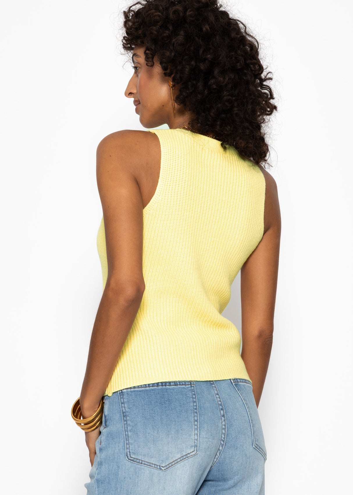 Knit top with button placket and deep V-neck - butter yellow