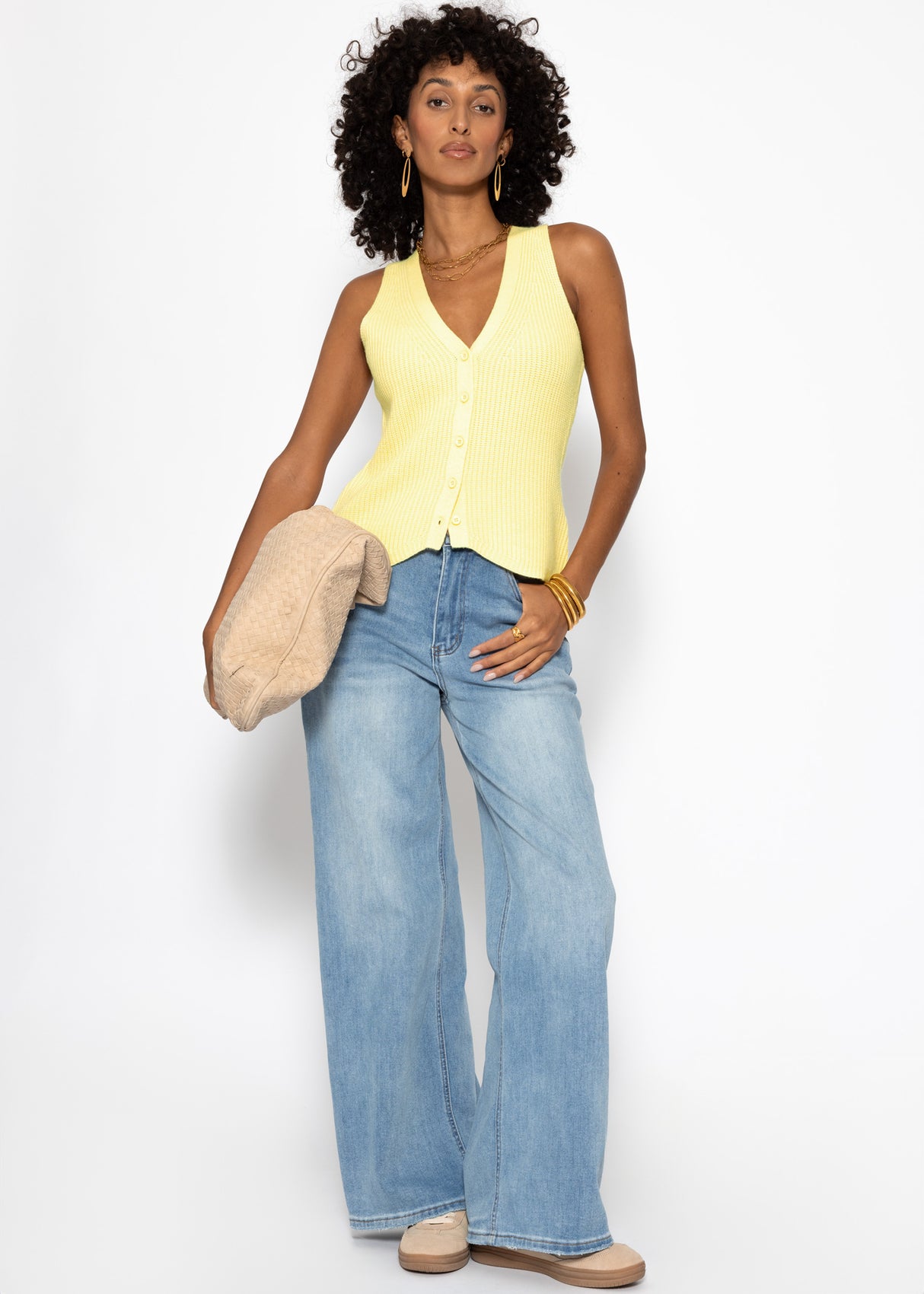 Knit top with button placket and deep V-neck - butter yellow