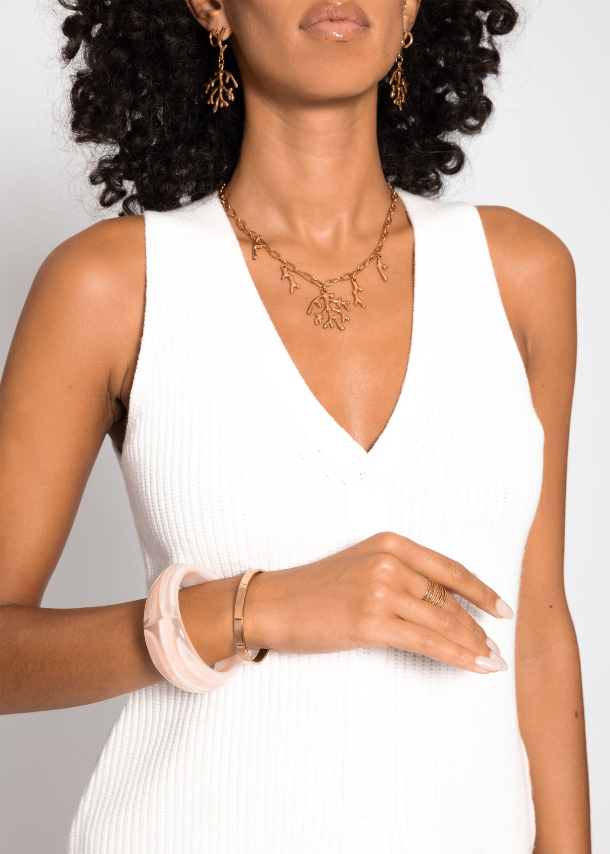 Knit top with button placket and deep V-neck - off-white