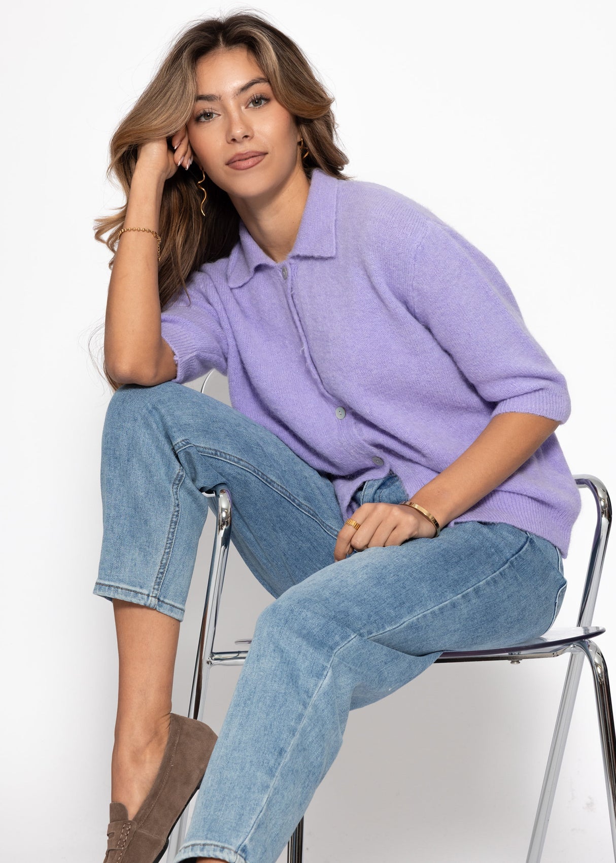 Strickjacke aus Alpaka-Mix mit 3/4-Ärmeln - flieder
