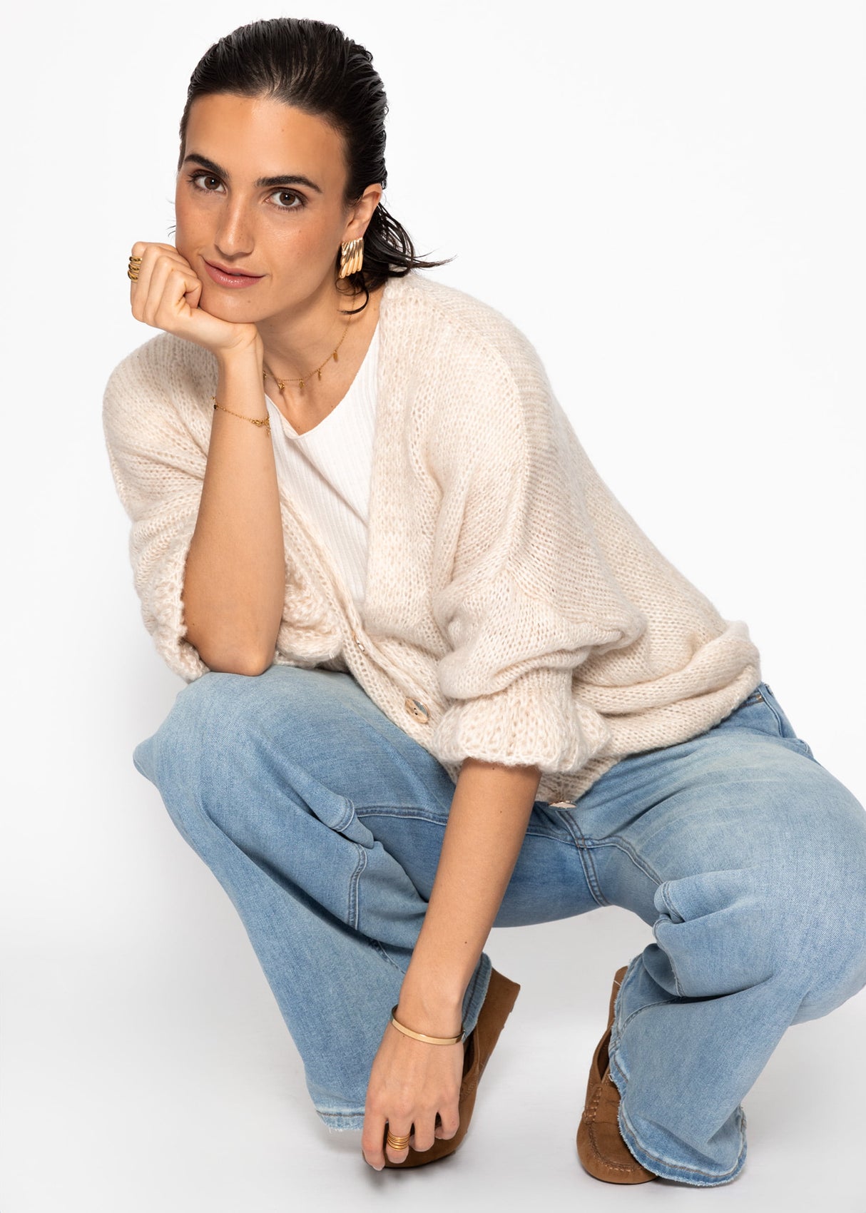 Strickjacke mit 3/4-Ärmeln - hellbeige