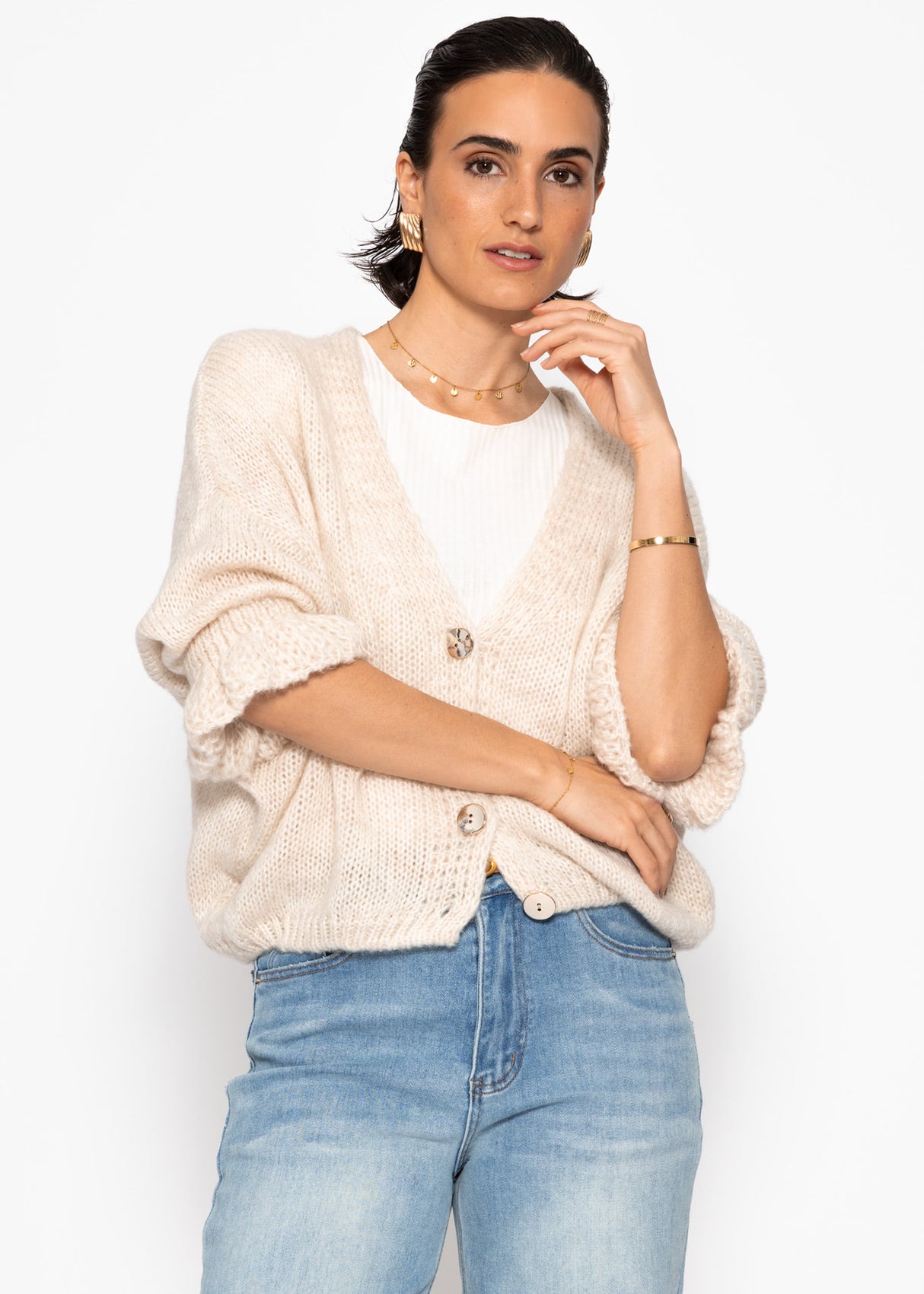 Strickjacke mit 3/4-Ärmeln - hellbeige