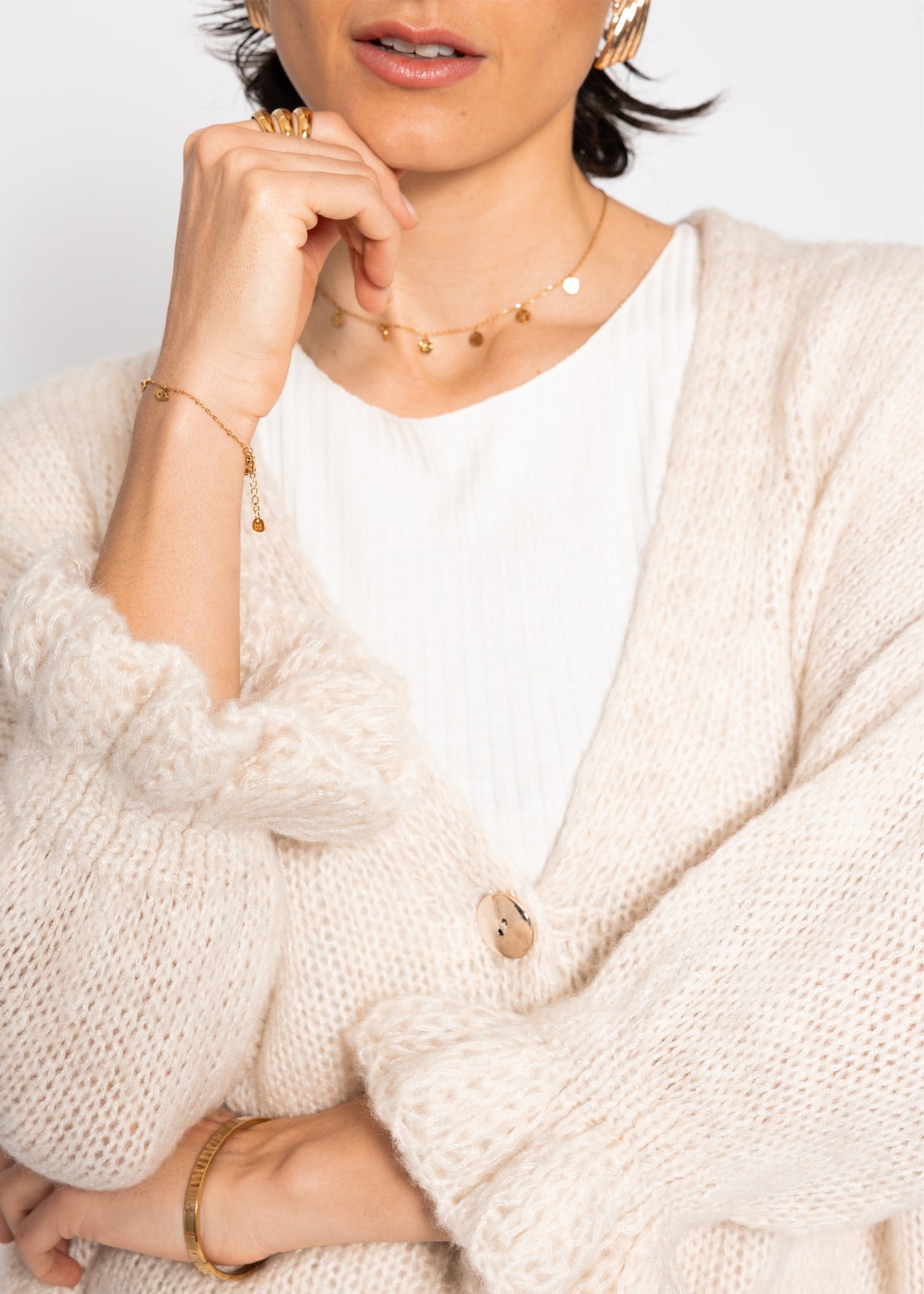 Strickjacke mit 3/4-Ärmeln - hellbeige