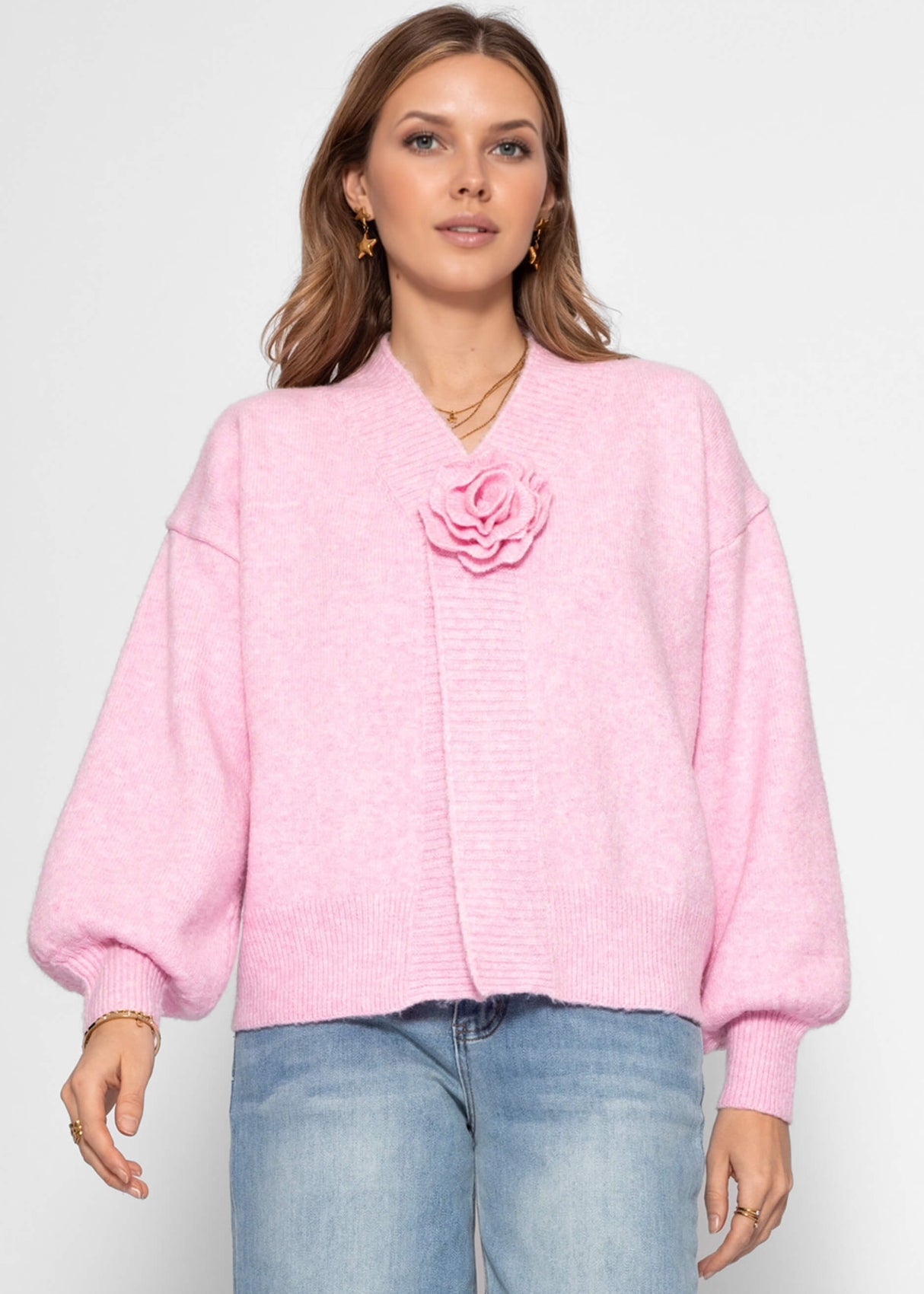 Strickjacke mit Blumenapplikation - rosa