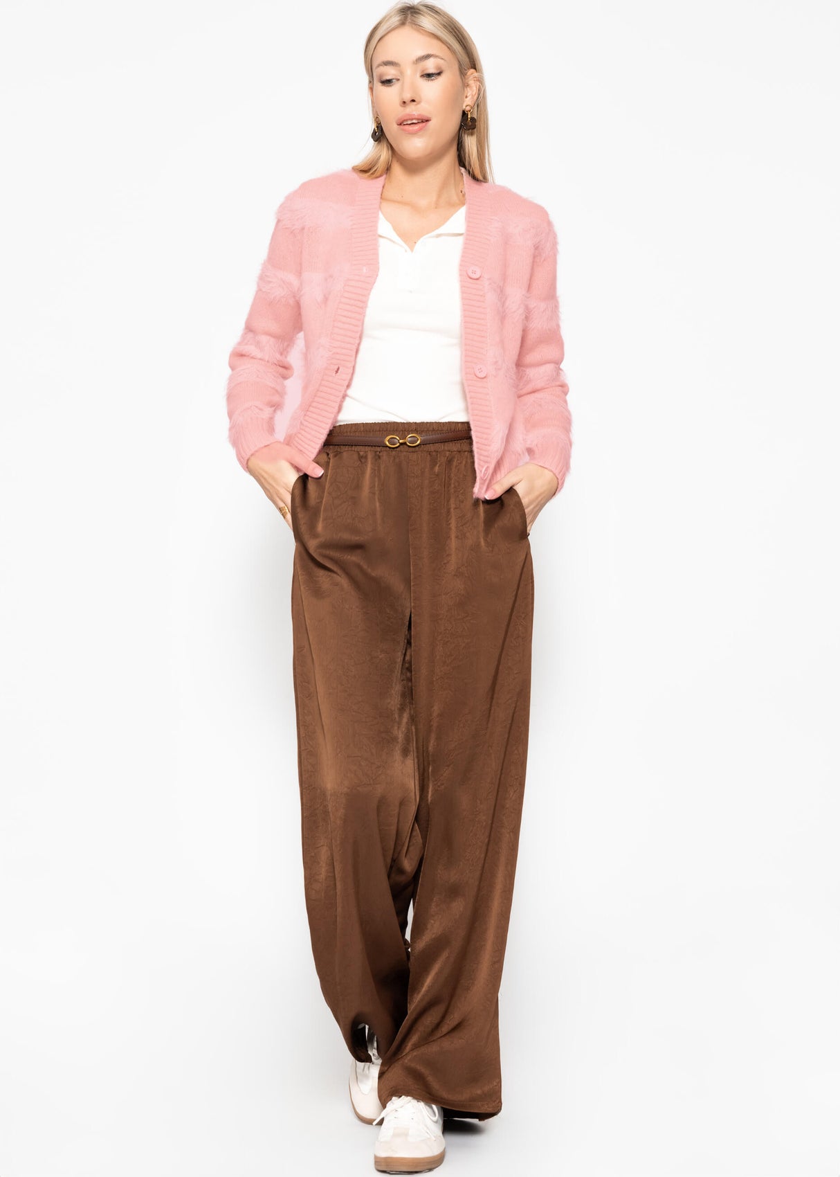 Strickjacke mit flauschigen Streifen - rosa