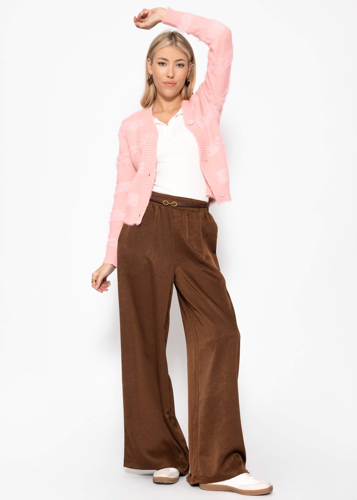 Strickjacke mit flauschigen Streifen - rosa