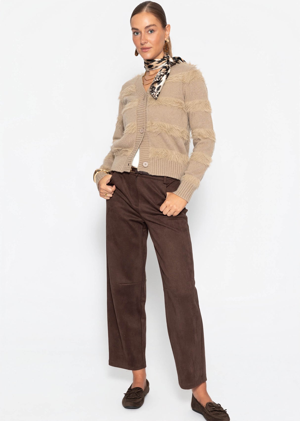 Cardigan with fluffy stripes - taupe