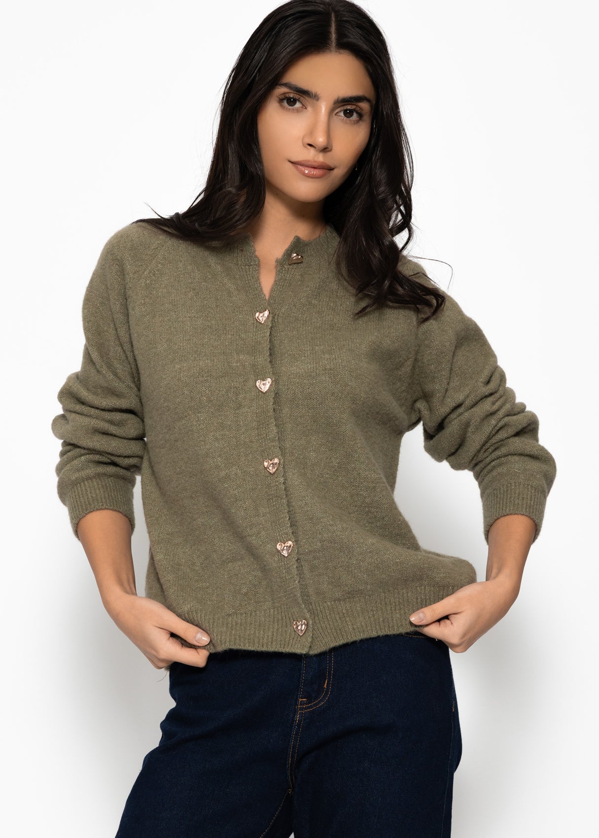 Strickjacke mit Herzknöpfen - khaki