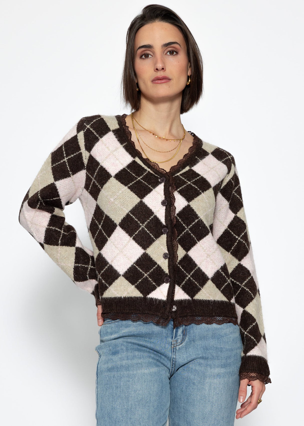 Cardigan with diamond pattern and lace trim - brown