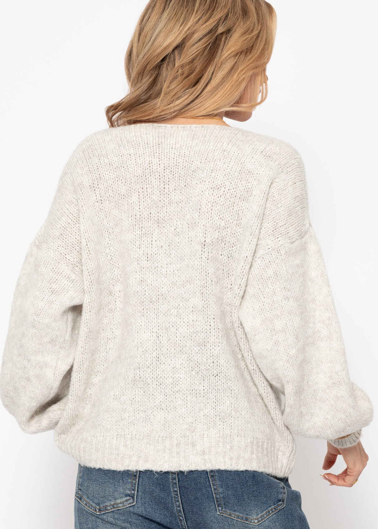 Fluffy cardigan with bow closure - greige