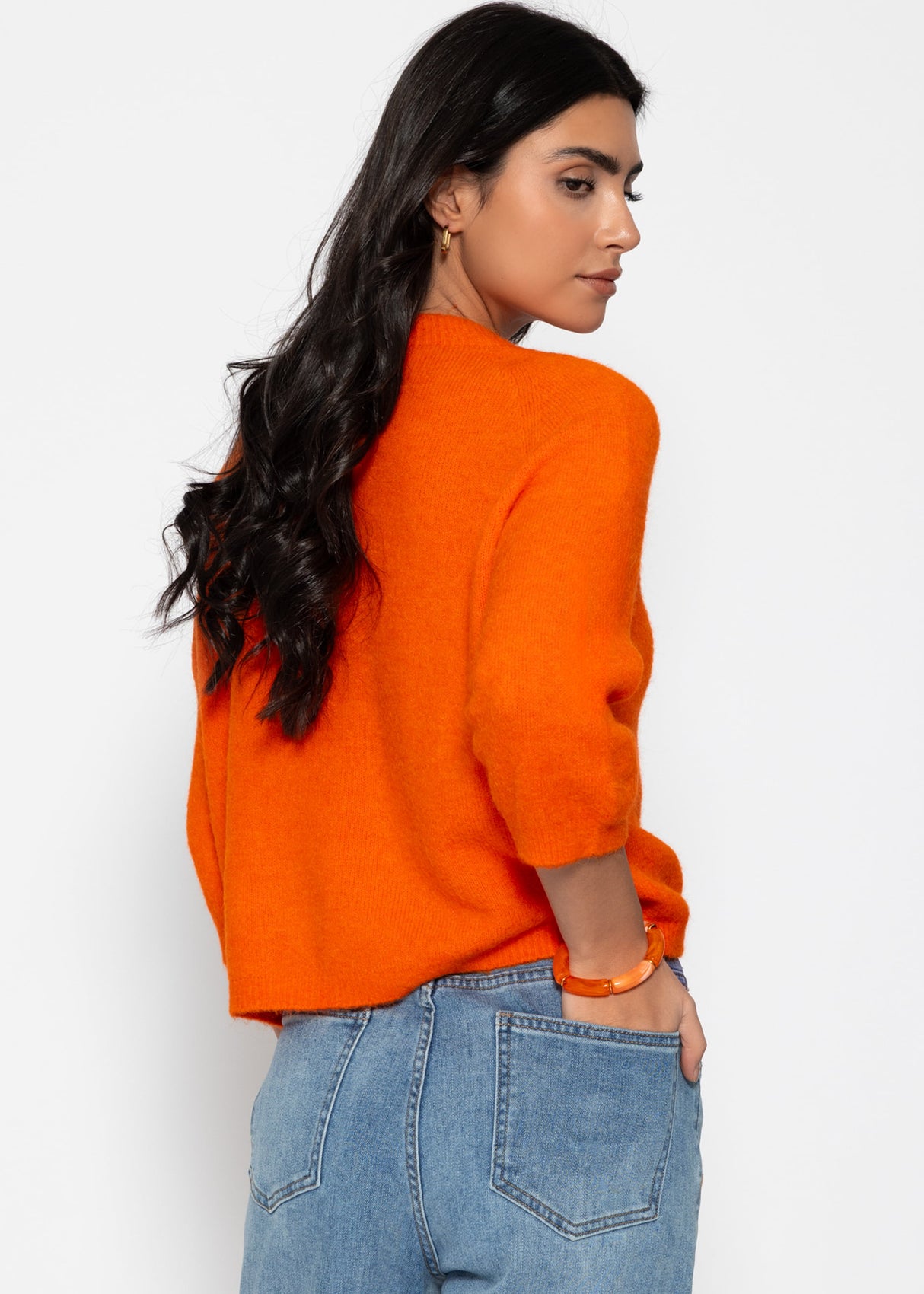 Strickpullover mit halblangen Ärmeln - orange