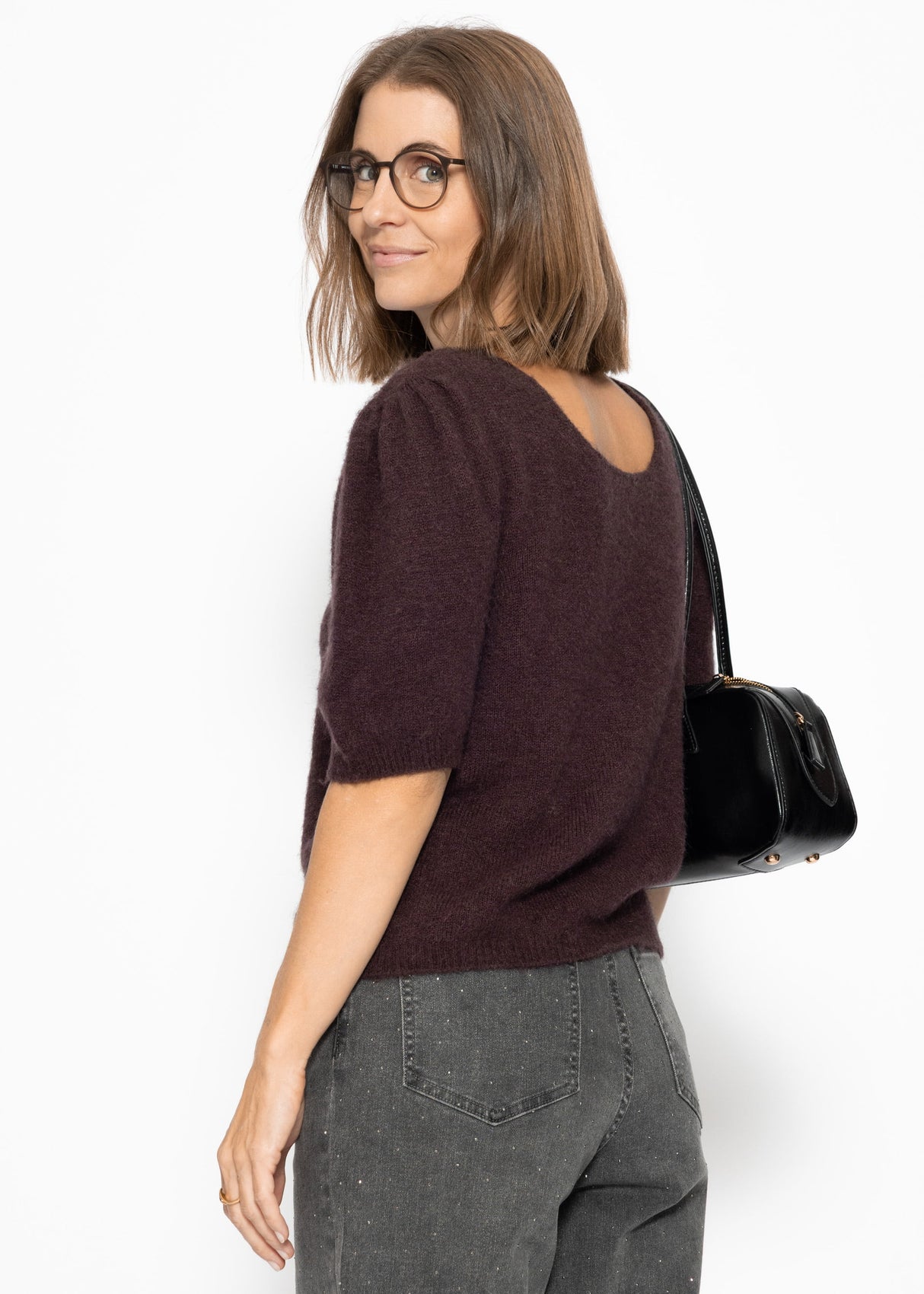 Knitted top with puff sleeves - aubergine brown