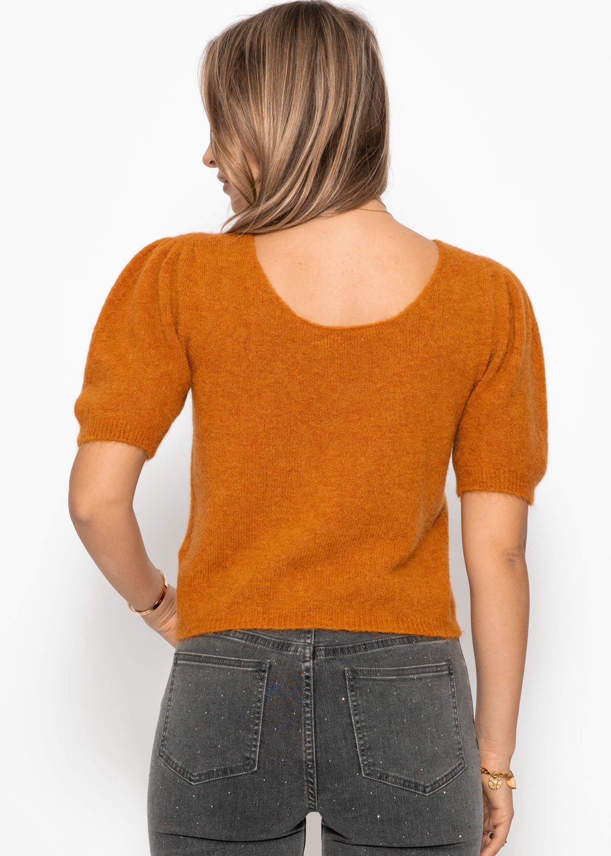 Strickoberteil mit Puffärmeln - cognac