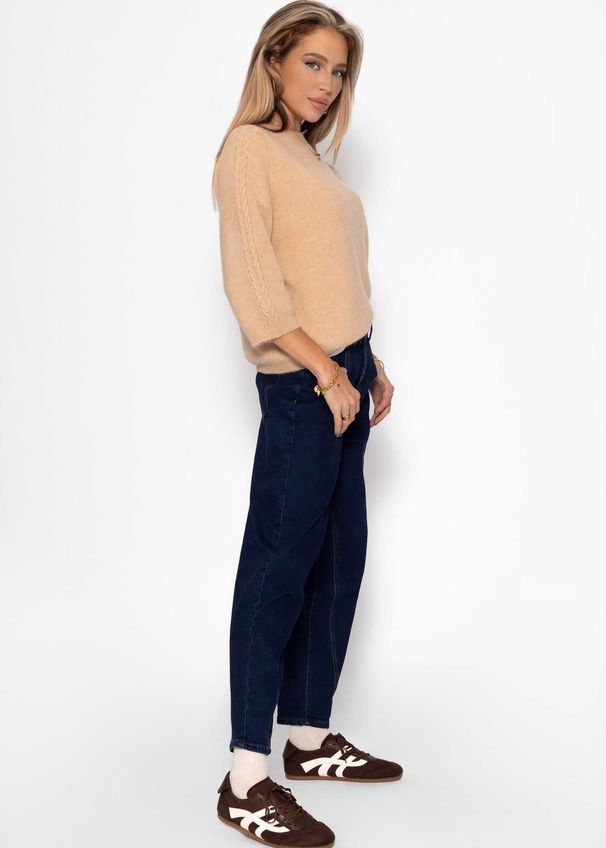 Strickoberteil mit Zopfmuster-Detail - beige