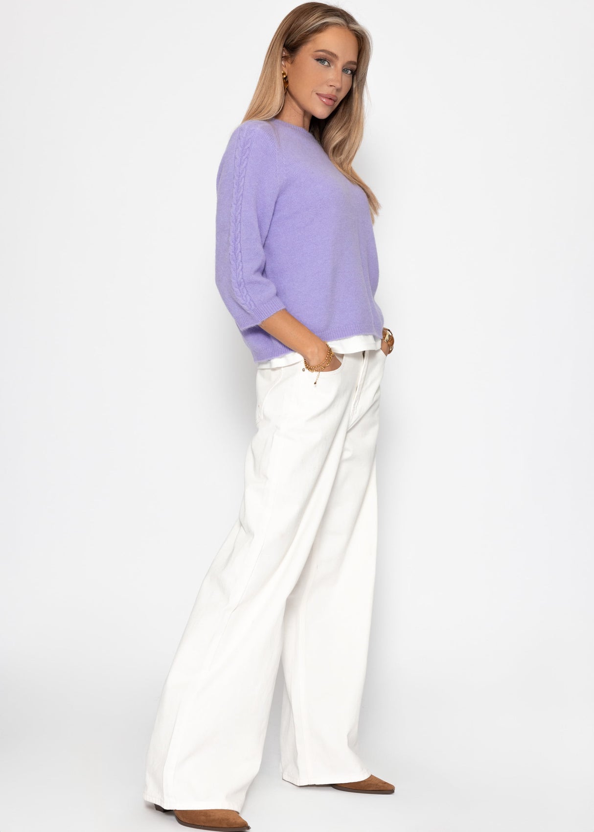 Strickoberteil mit Zopfmuster-Detail - flieder