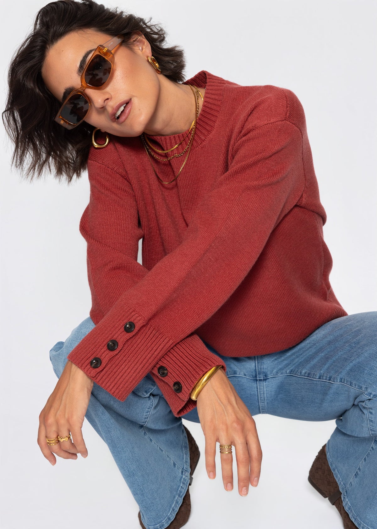 Strickpullover mit Knopfdetail - rostrot - SASSYCLASSY