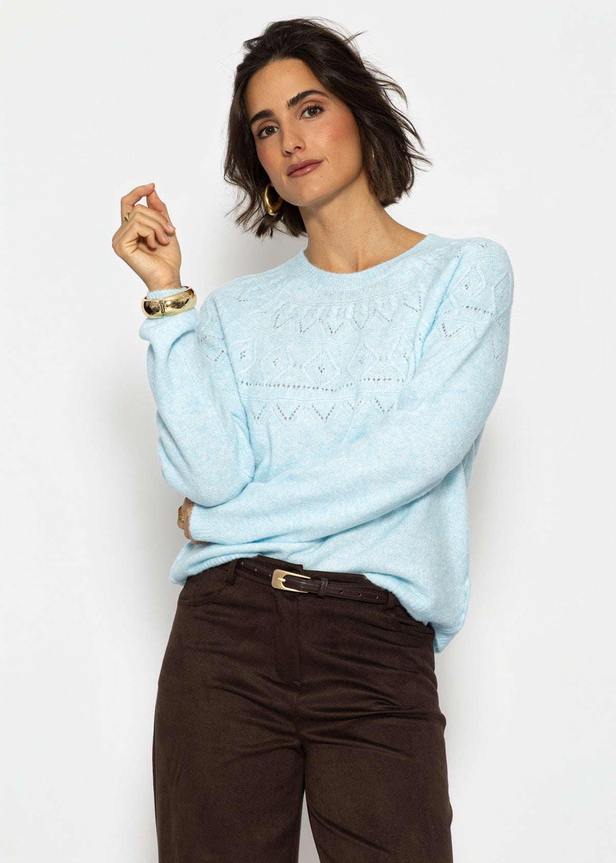 Strickpullover mit feinem Ajour-Norwegermuster- hellblau