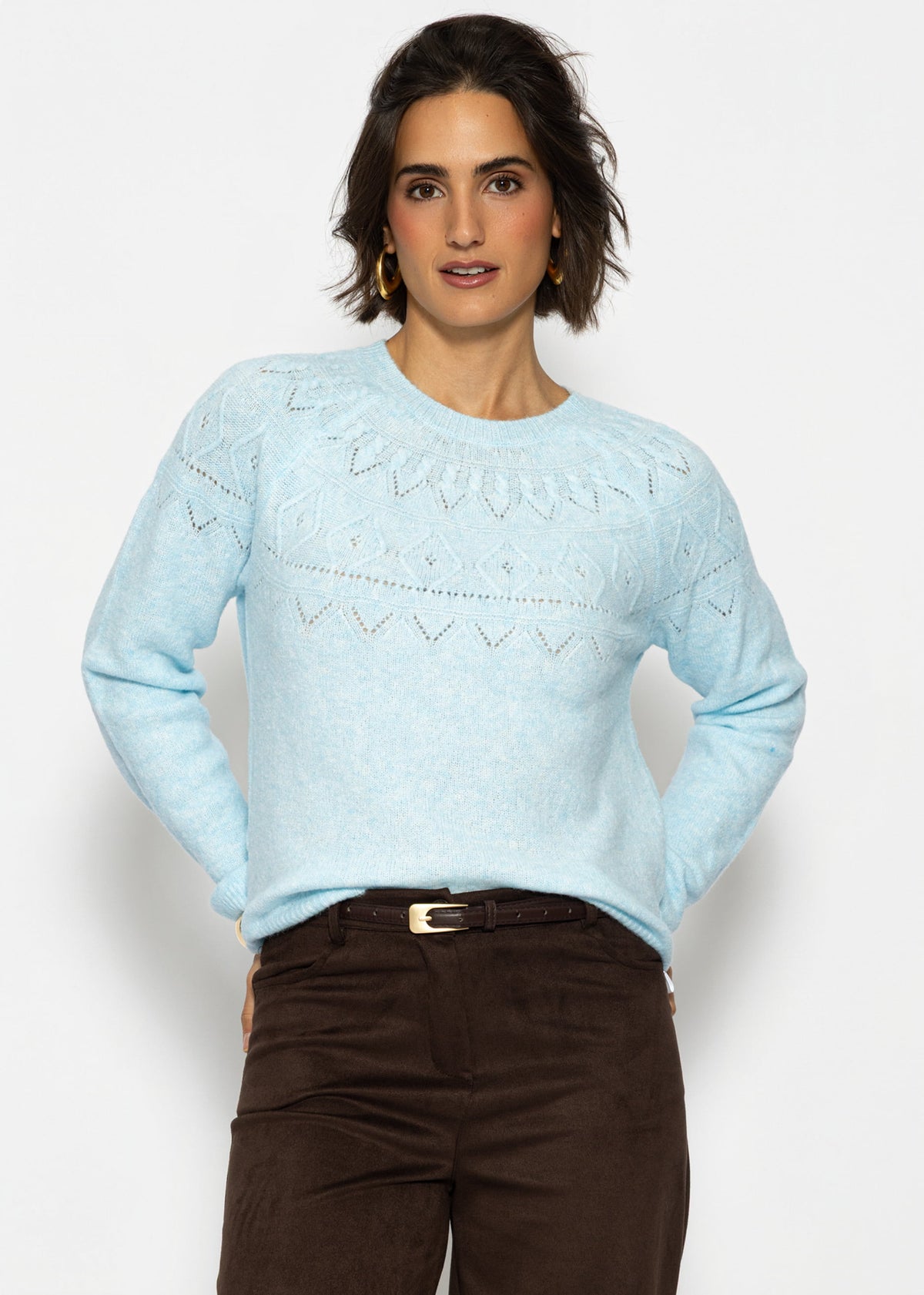 Strickpullover mit feinem Ajour-Norwegermuster- hellblau